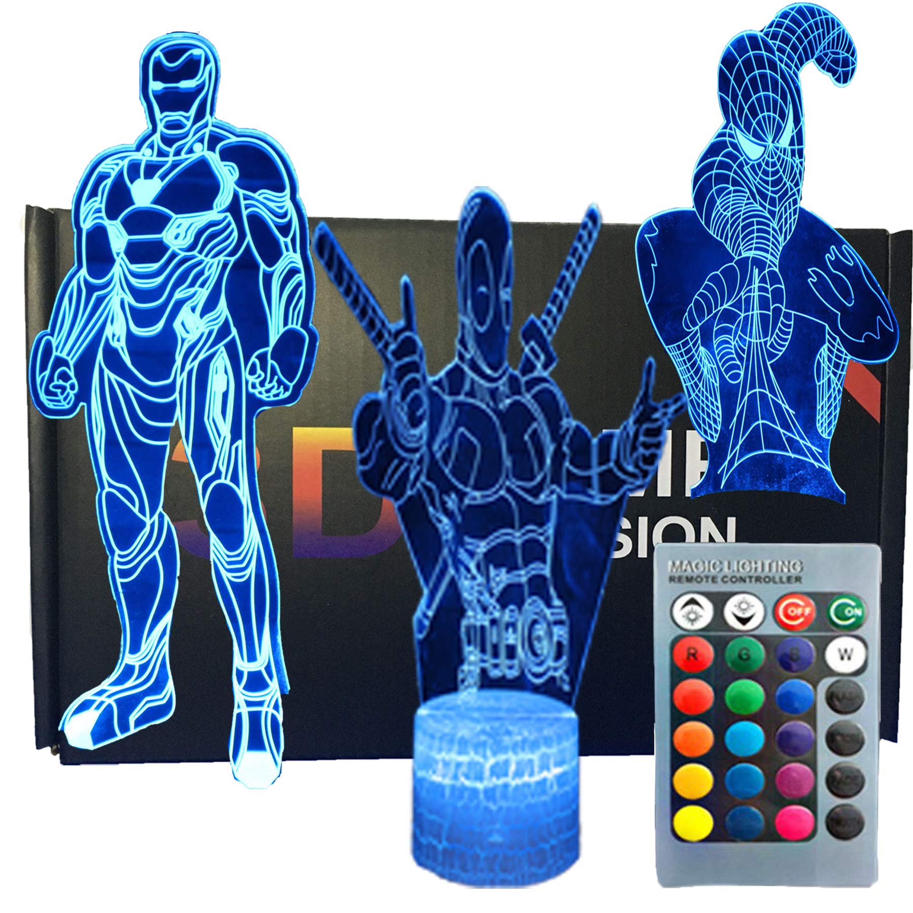 SNOMYRS 3D Illusion Super Hero Night Light Lamp - 16 Color Changing LED Table Lamp with Remote Control & Smart Touch - Perfect Gift for Kids, Boys, Girls & Superhero Fans (3-Pack) - Bedroom Decor, Kids Room Lighting, Party Decoration, Superhero Theme Gift