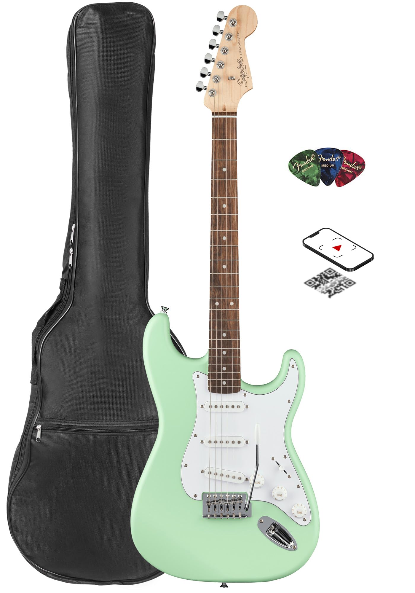 Fender Squier Stratocaster Electric Guitar Bundle - Surf Green with Gig Bag, Picks & Instructional Video | Perfect for Beginners, Practice & Live Performances