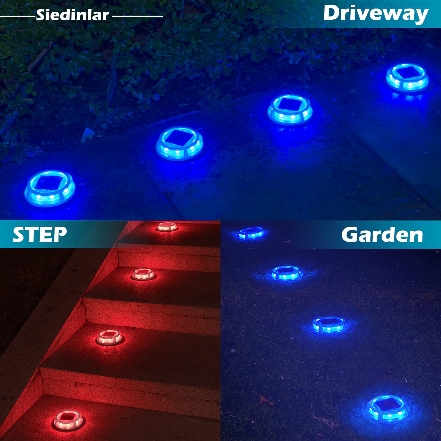 SIEDiNLAR Solar Deck Lights - 4 Pack Blue & 4 Pack Blue/Red (2 Color Modes) - Outdoor Solar Powered LED Step Lights for Patio, Garden, Pathway, and Staircase Lighting