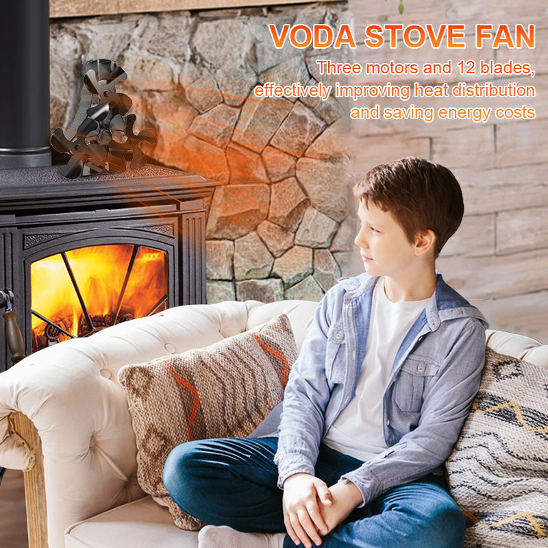 12 Blade Heat Powered Stove Fan with 3 Motors - Auto Cooling Fan for Wood Burning Stoves & Fireplaces - Silent Operation for Home, Cabin & RV Heating (Model VDSF634RX)