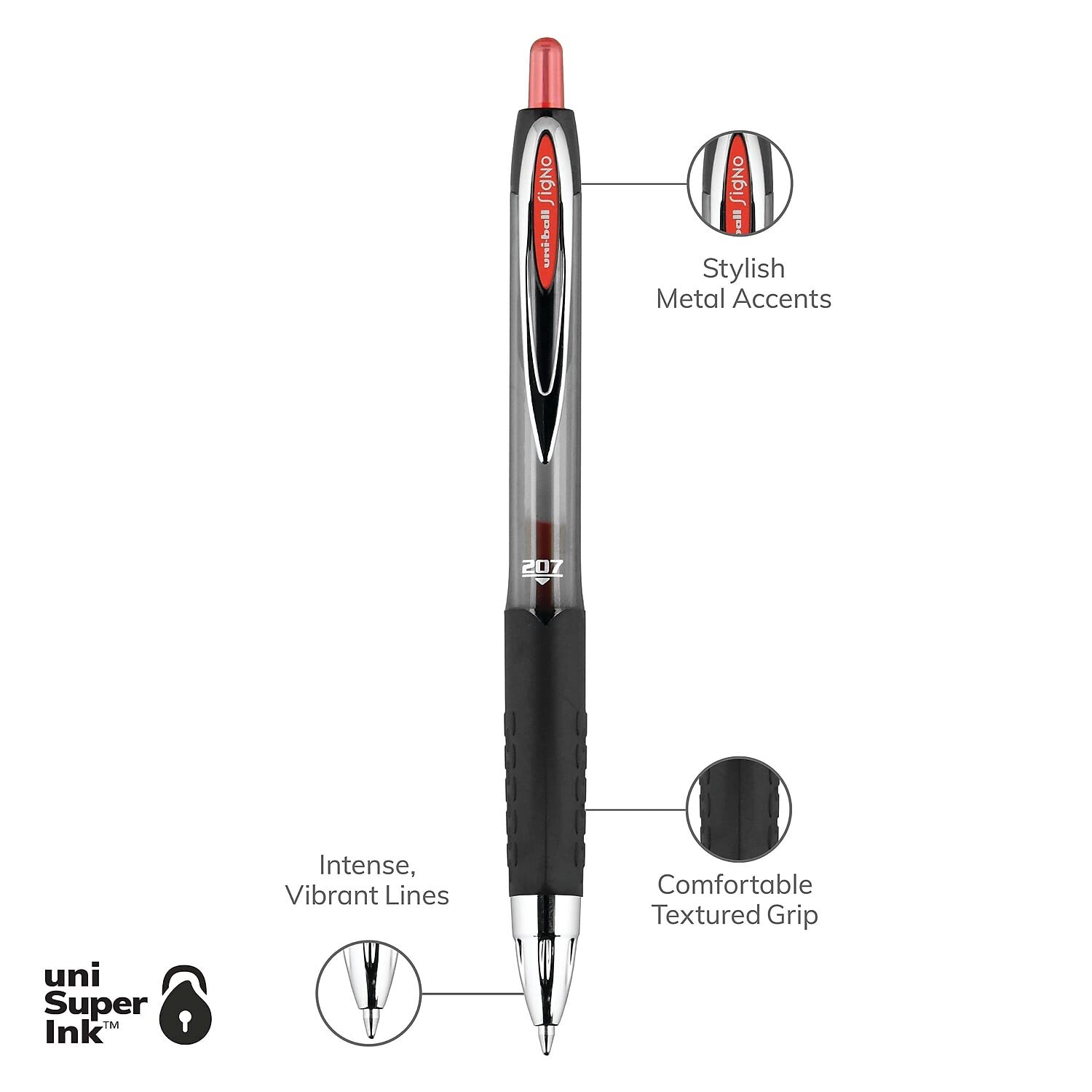 uni-ball 33952 Signo Gel 207 Retractable Roller Ball Pen - Medium Point, Red Ink (Pack of 12) - Perfect for Office, School, Note Taking & Gift Giving