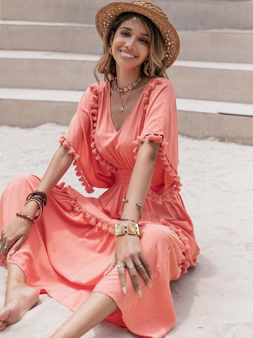 Elegant Tassel Trim Summer Dress for Women - Flowy Boho Beach Dress for Vacation, Party & Casual Wear