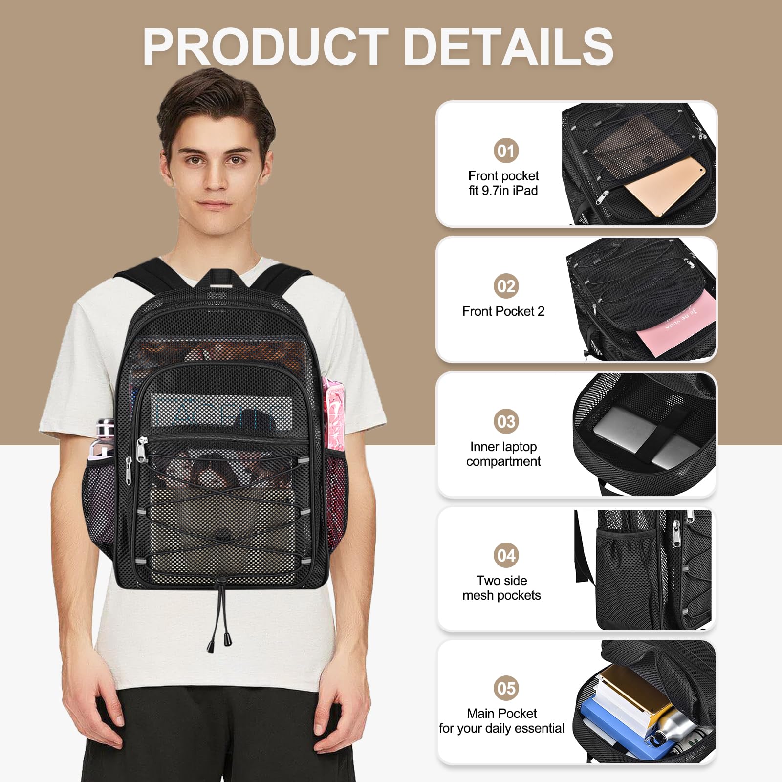 Durable Mesh Backpack for Adults & Kids - Adjustable Straps, Transparent Design for School, Gym, Swimming & Sports - Perfect for Carrying Books, Gear & Portable Oxygen Concentrators
