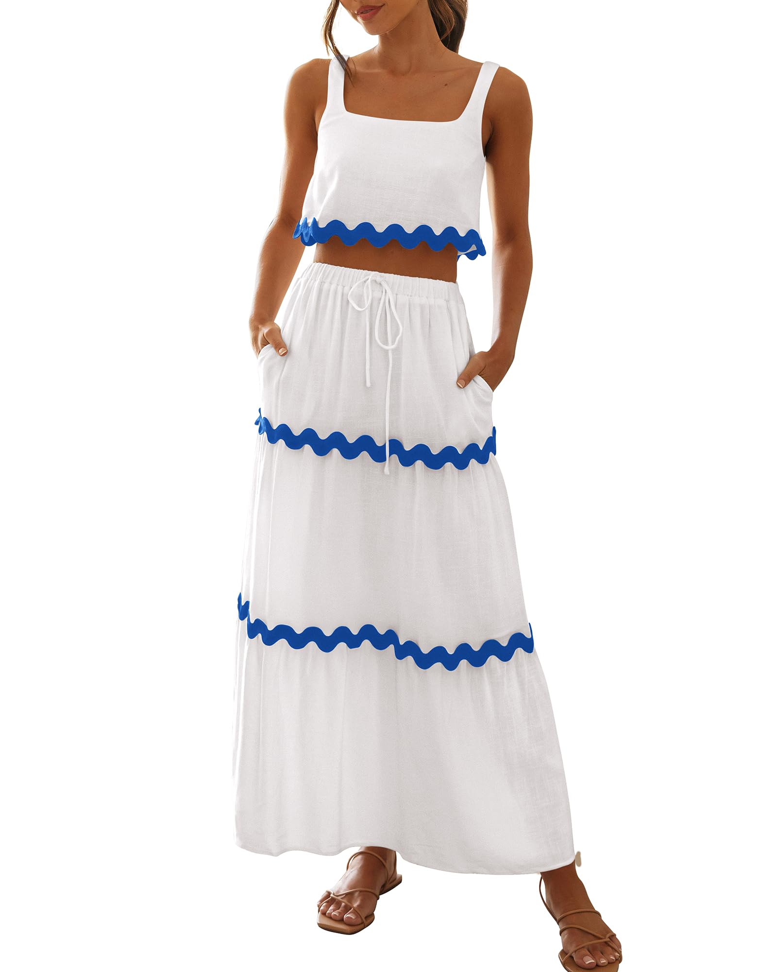 BTFBM Women's Summer 2 Piece Outfits - Sleeveless Crop Top & High Waisted Maxi Skirt Set with Pockets | Beach Vacation, Casual Wear, Boho Chic Outfit for Women