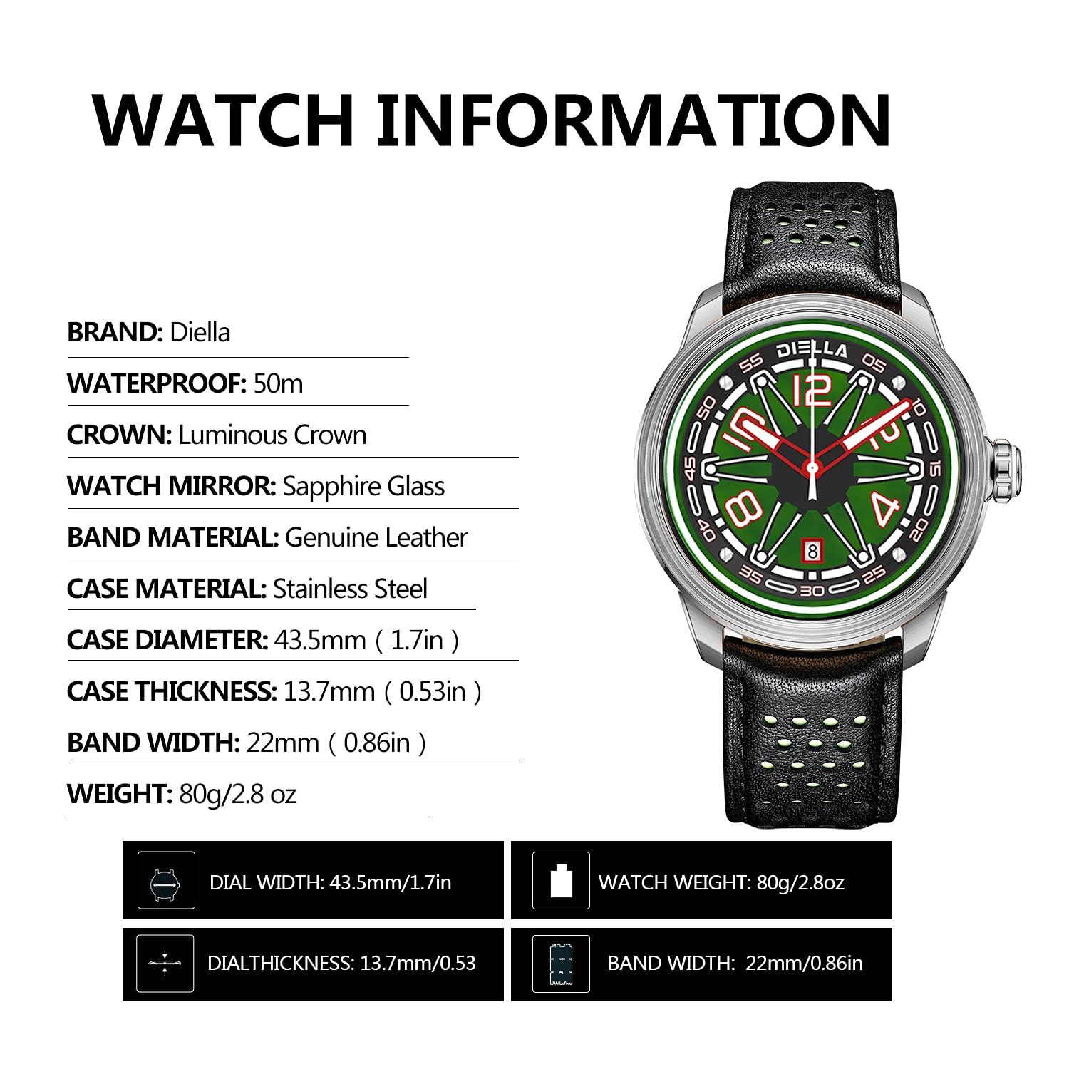 Diella Automatic Men's Watch - Black Leather Strap, Mechanical Movement, Waterproof, Luminous Hands, Date Display (Model AD6029) | Perfect for Business, Formal Occasions & Everyday Wear
