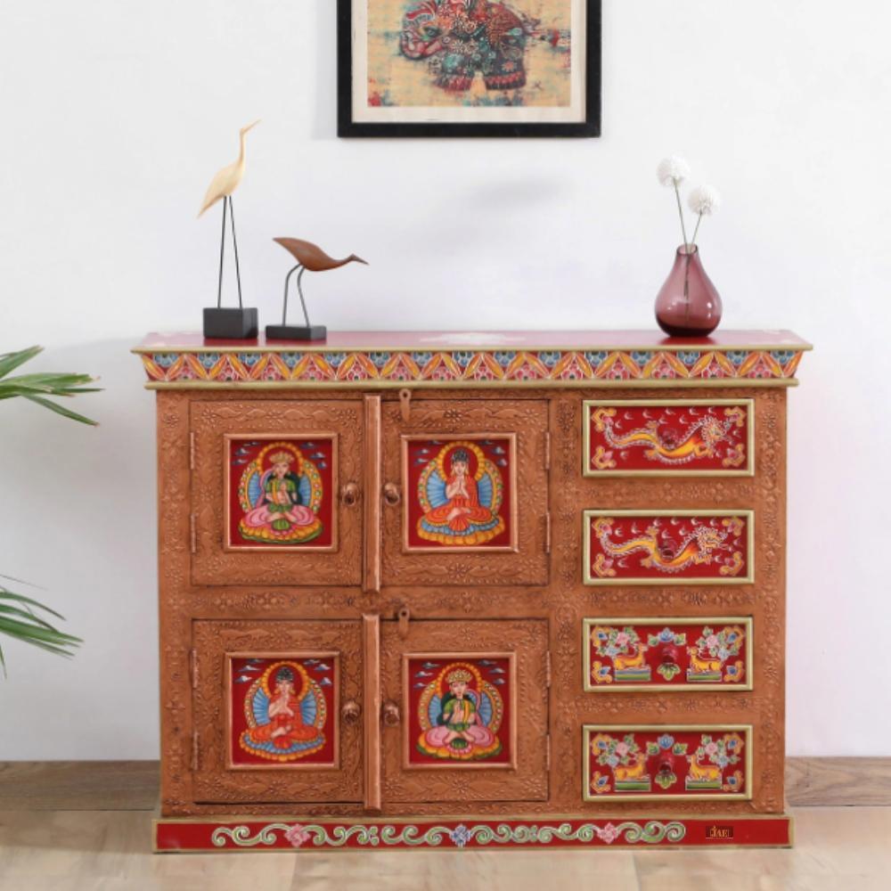 Hand Painted Solid Wood Sideboard - Multicolor Vintage Buffet Cabinet for Dining Room, Living Room & Entryway Storage | Rustic Home Decor Furniture