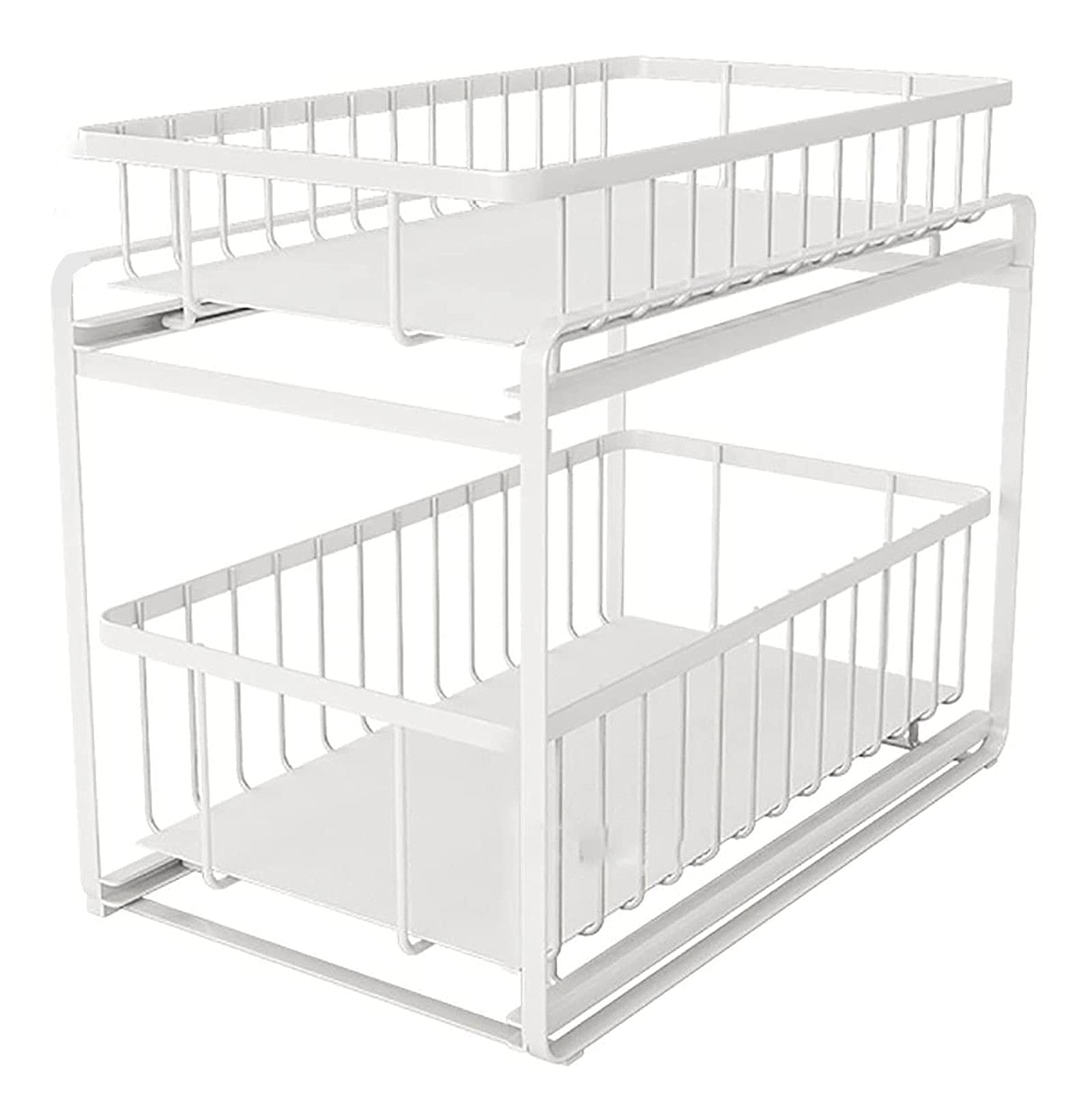 2-Tier Sliding Basket Cabinet Organizer - Under Sink Storage Shelf for Kitchen & Bathroom | Non-Slip Countertop Organizer, Spice Rack & Multifunctional Storage Solution in White | Perfect for Small Spaces, Pantry Organization & Clutter-Free Countertops