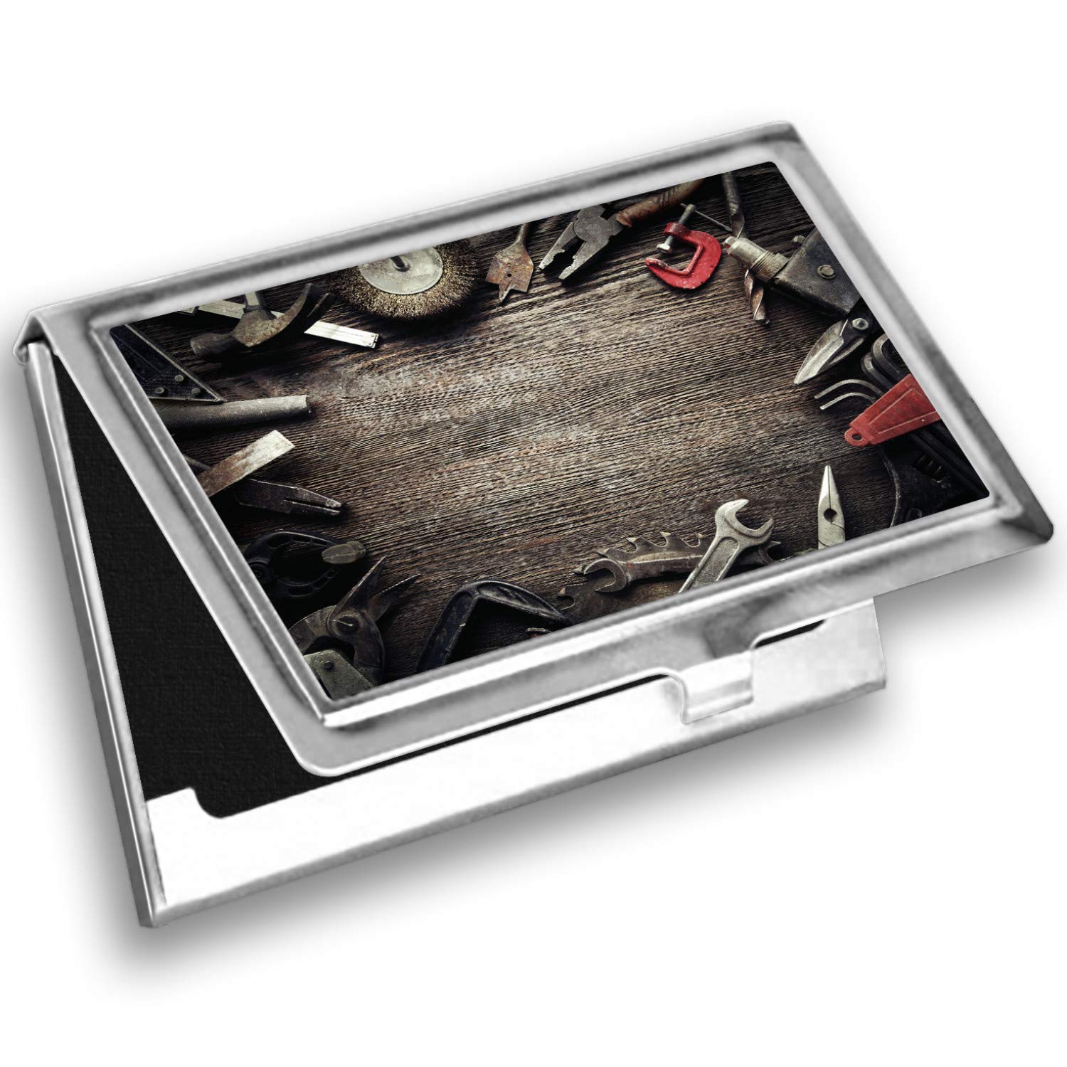 Ambesonne Industrial Metal Card Holder Wallet - Vintage Grungy Tools Design - Perfect for Business Cards, Credit Cards & IDs - Ideal for Office, Travel & Everyday Use