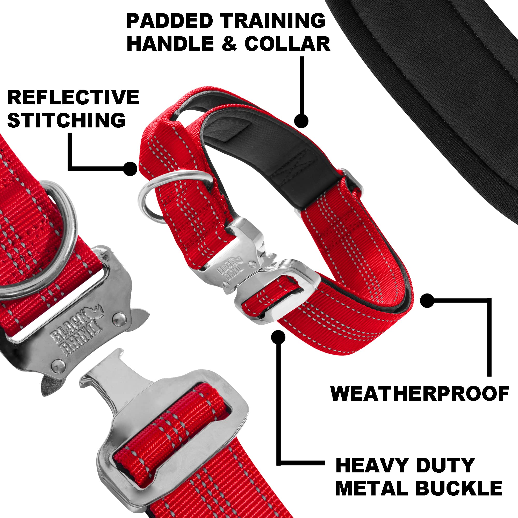 Black Rhino - Heavy Duty Tactical Dog Collar with Ultra-Soft Neoprene Padding for Medium, Large & XL Dogs | Durable Metal Buckle | Padded Handle for Training & Walking | Perfect for Outdoor Adventures, Hiking & Security (Large, Red)