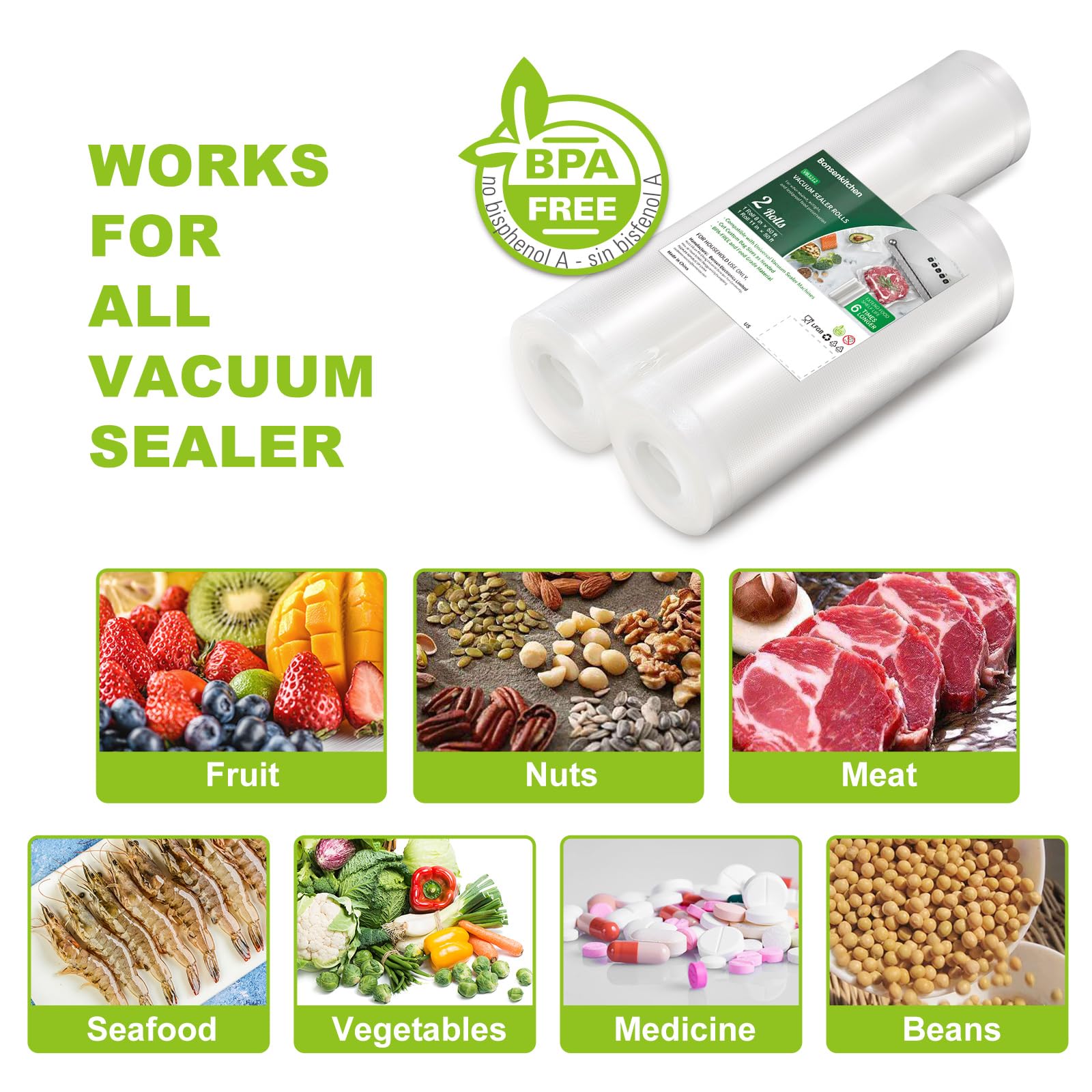Bonsenkitchen BPA Free Vacuum Sealer Bags Rolls - 8