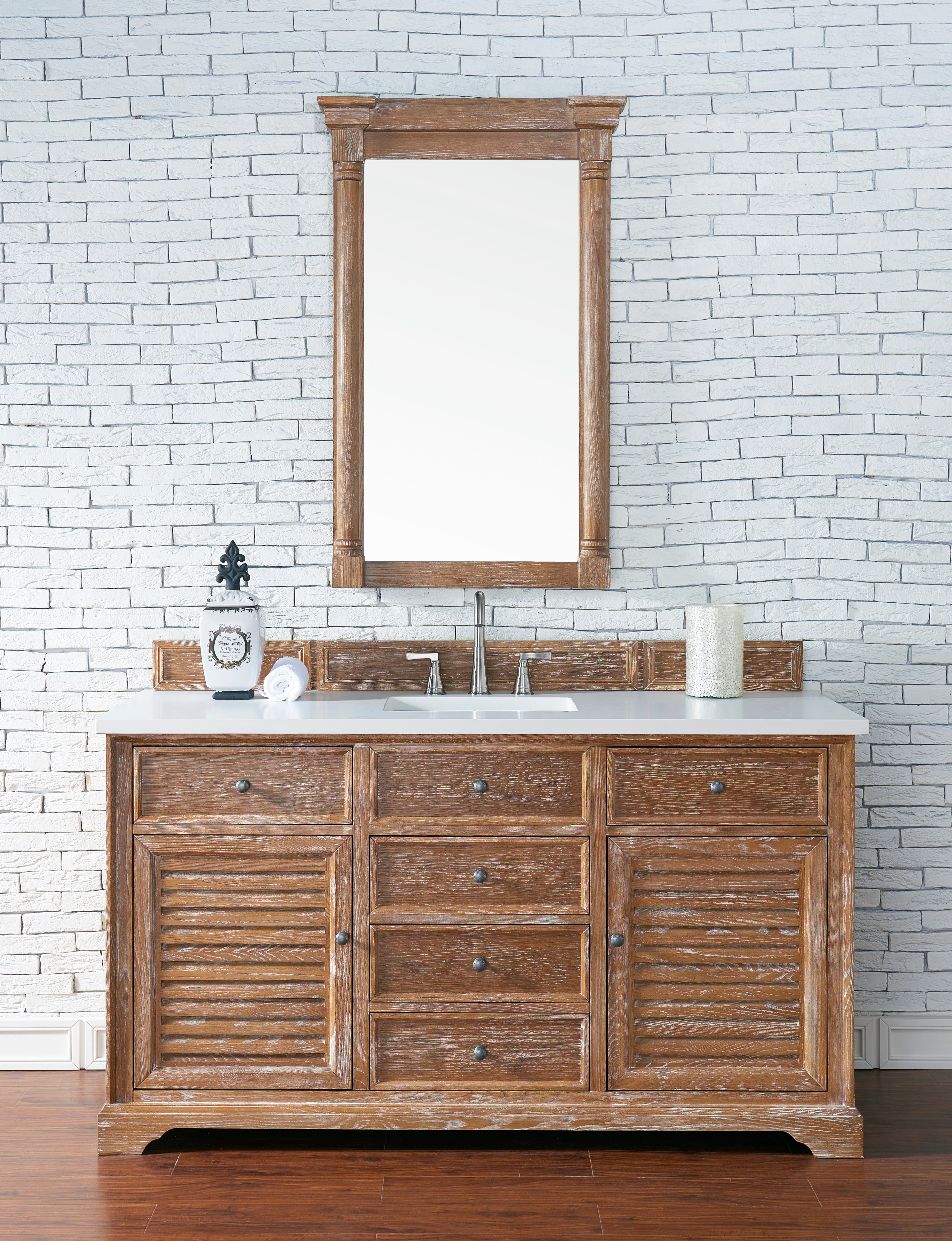 Savannah 60 Inch Single Vanity Cabinet in Driftwood Finish with 3CM Classic White Quartz Top - Perfect for Bathroom Renovation & Modern Home Decor