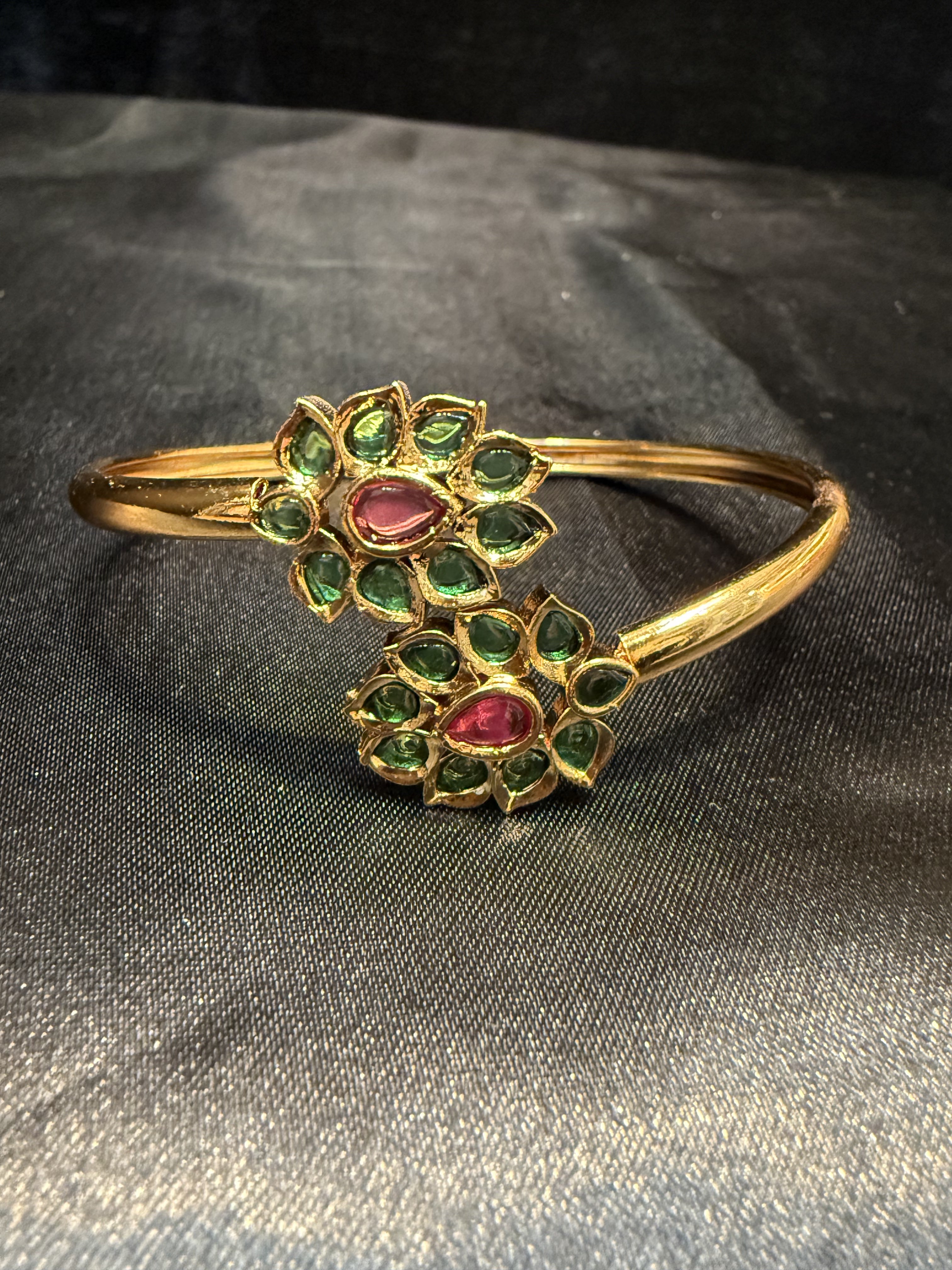 Elegant Gold Plated Bracelet with Green & Hot Pink Stones and Floral Design - Perfect for Parties, Weddings & Special Occasions