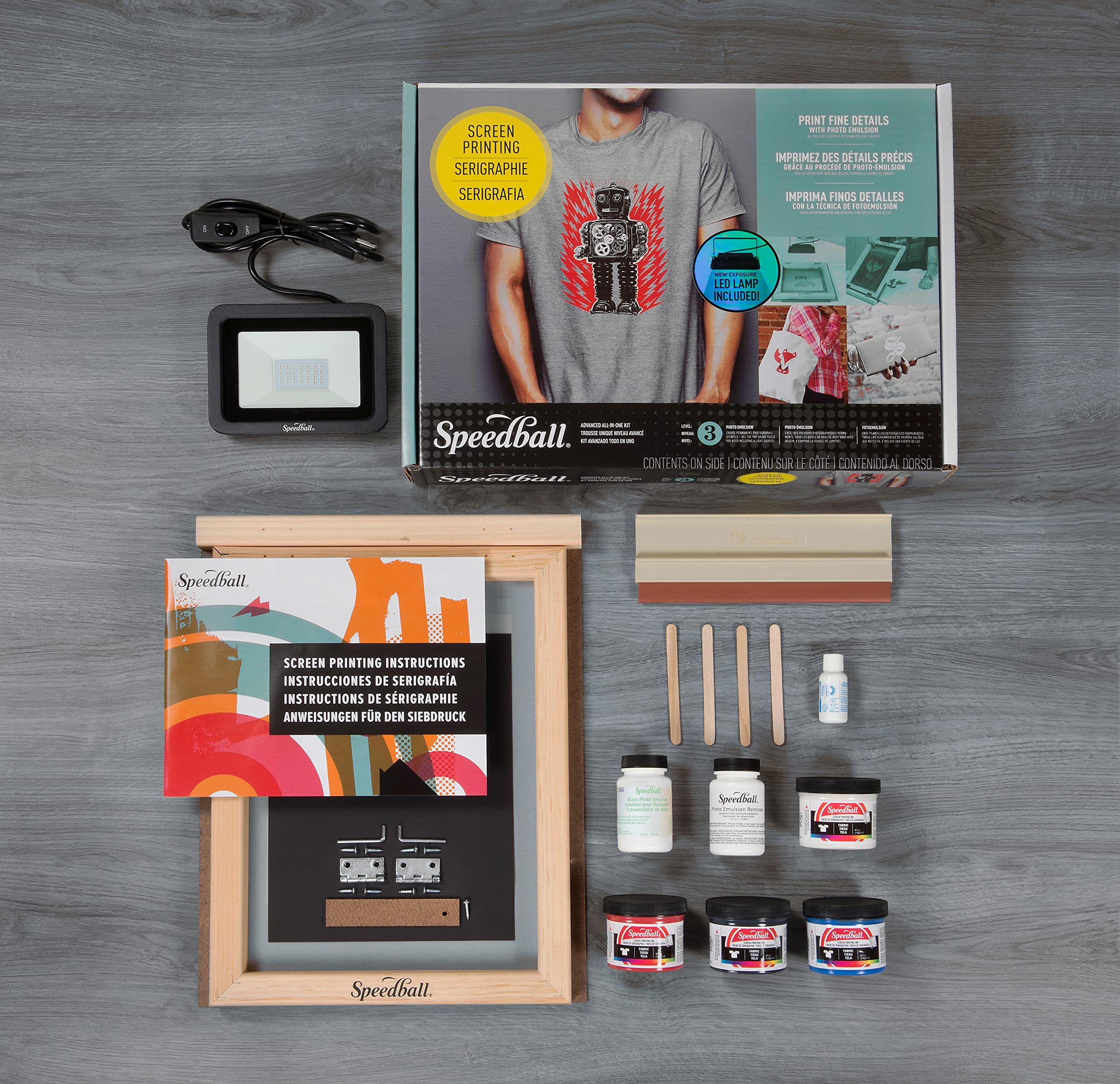 Speedball Advanced 19-Piece Silk Screen Printing Kit with Fabric Ink, Frame Base & LED UV Exposure Light - Perfect for DIY T-Shirt Printing, Art Projects & Home Crafting