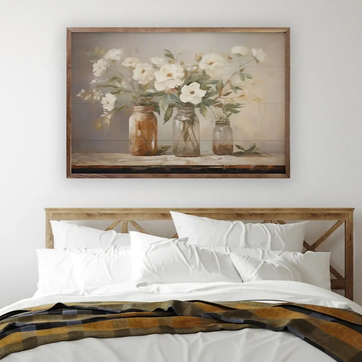 Rustic Mason Jar Bouquet Wood Framed Wall Art - Floral Farmhouse Decor for Kitchen, Living Room & Bedroom