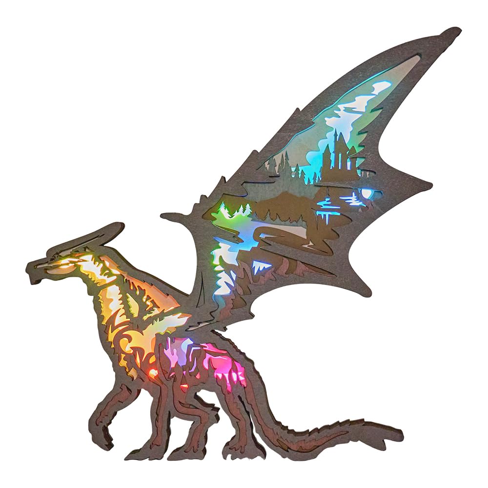 3D Wooden Dragon LED Night Light - Remote Control, Multi-Color Changing, Hand-Carved Wood Lamp for Home Decor, Desk, Bedroom, Office & Gift Giving | Perfect for Feng Shui, Nursery, Meditation Room & Romantic Ambiance
