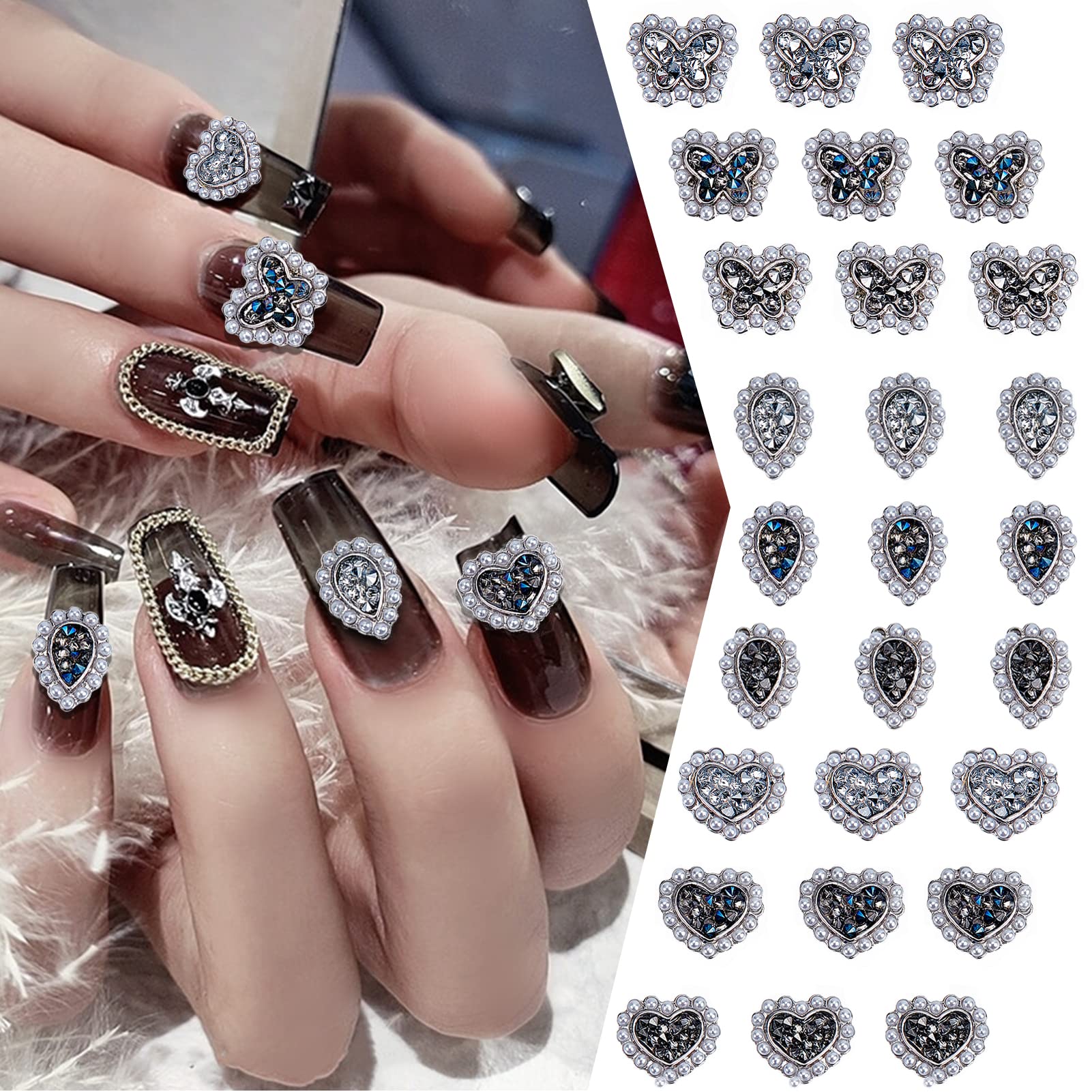 NICENEEDED 27Pcs Black Nail Art Rhinestones Kit - Heart, Butterfly & Water Droplet Nail Gems with Metallic Pearl Finish | DIY Nail Jewelry Supplies for Women & Girls | Perfect for Nail Art, Manicures & DIY Crafts (3 Colors)