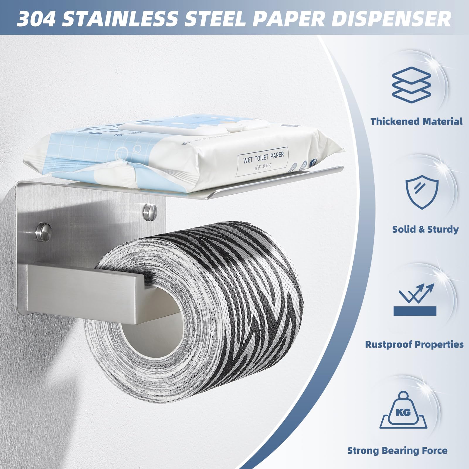 APLusee Brushed Nickel Toilet Paper Holder with Phone Shelf - 304 Stainless Steel Wall Mounted Bathroom Tissue Roll Dispenser - Perfect for Modern Homes, Apartments & Guest Bathrooms