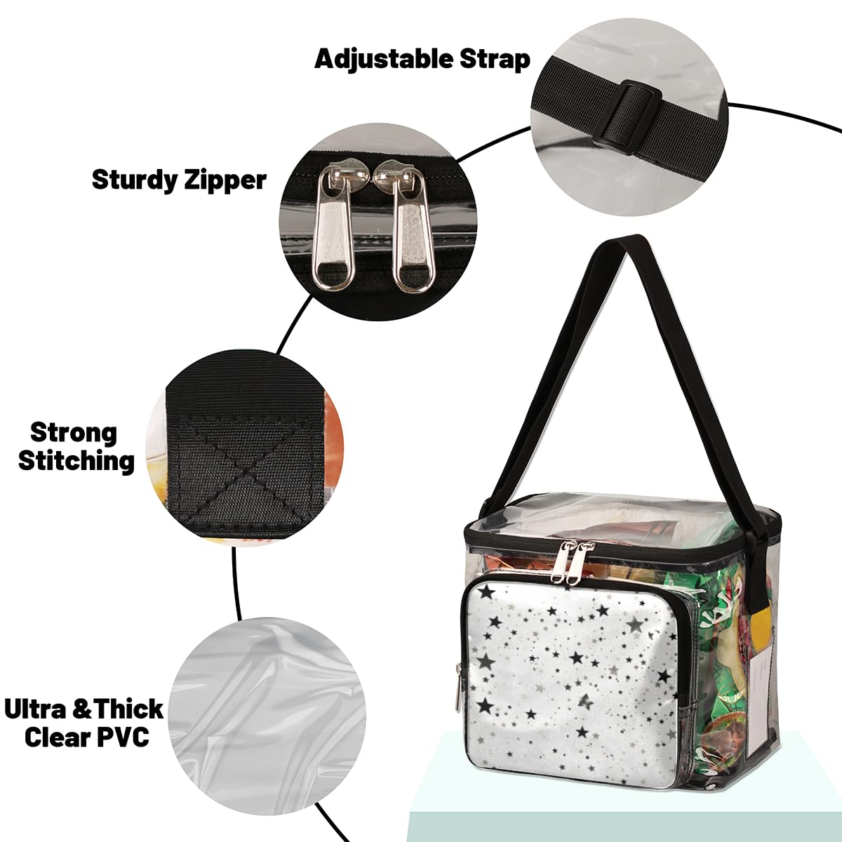 GzLeyigou Clear Transparent Tote Bag with Silver Stars - Shining Shoulder Crossbody Purse for Women | Perfect for Concerts, Stadium Events, Travel, Picnic & Outdoor Activities | Stadium Approved Lunch Bag