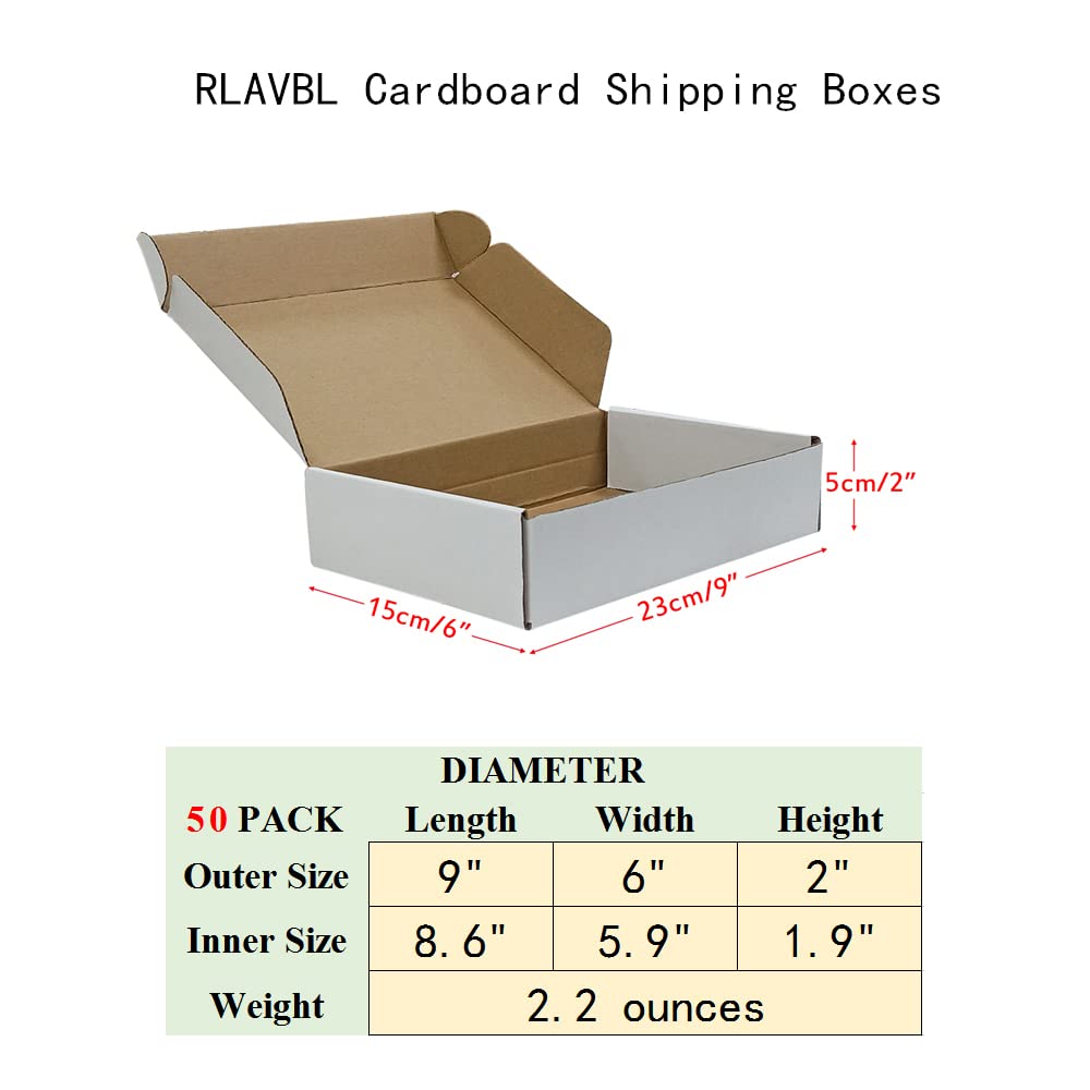 RLAVBL 9x6x2 White Corrugated Cardboard Shipping Boxes - Set of 50 Small Mailer Boxes for Ecommerce, Retail Packaging & Gift Boxes