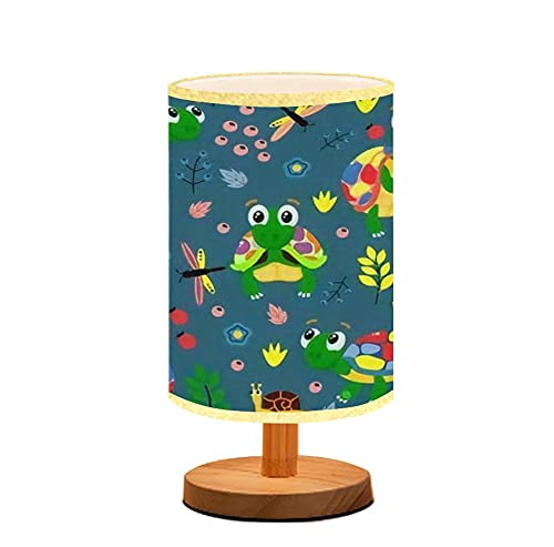 **Minimalist Wooden Table Lamp with Blue Seamless Pattern & Colorful Turtles Illustration - Flaxen Fabric Shade, Nightstand Lamp for Bedroom, Living Room, or Desk - Perfect for Breastfeeding, Reading & Relaxing**