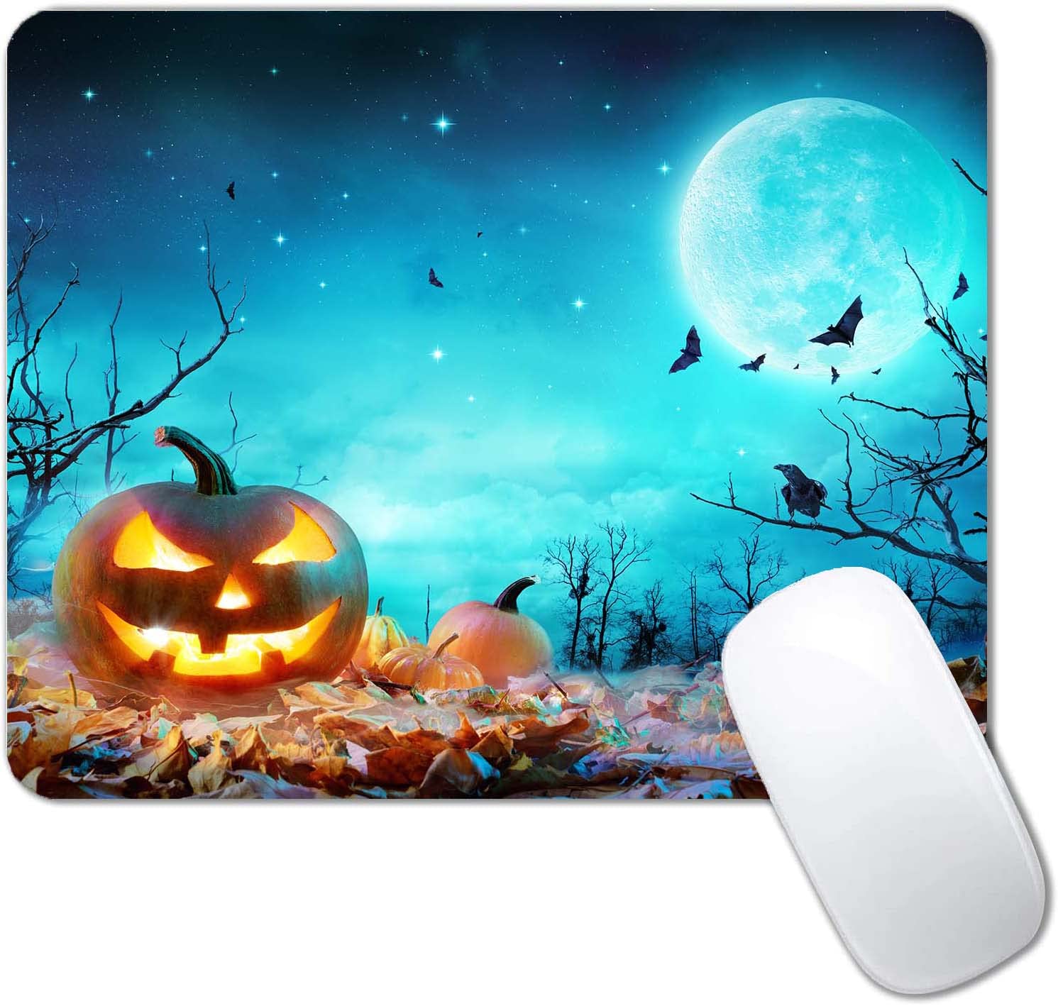 Glow-in-the-Dark Halloween Mouse Pad - Pumpkin Moonlight Spooky Forest Design, Non-Slip Rubber Base Waterproof Mouse Mat for Office & Laptop (9.5x7.9 Inches) - Perfect for Halloween Decor, Gaming Setup & Workspace Accessories
