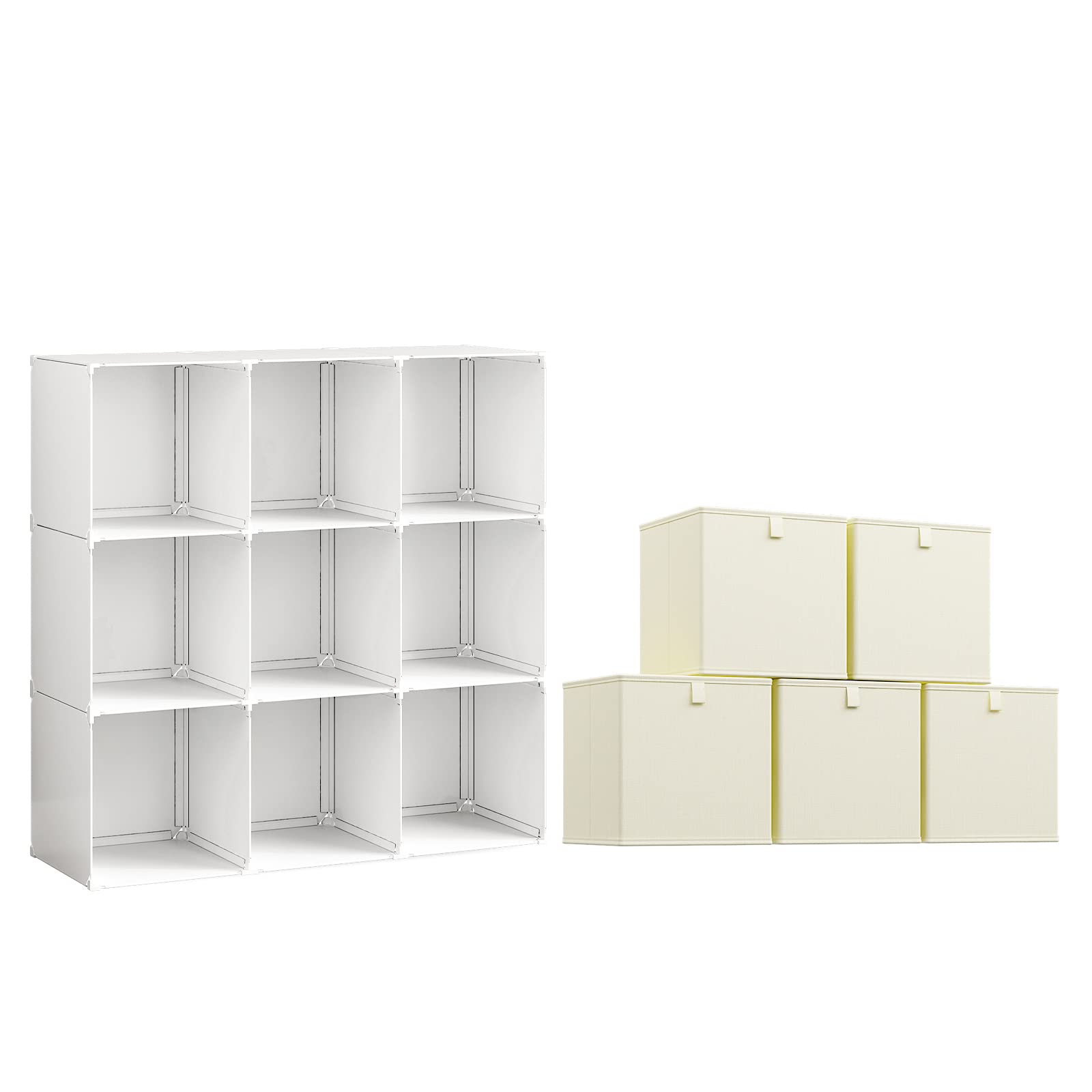 MAGINELS 9-Cube Storage Organizer with 5 Storage Boxes - Modular DIY Closet Organizer, Garment Rack & Cabinet - White | Perfect for Bedroom, Closet, Nursery & Office Organization