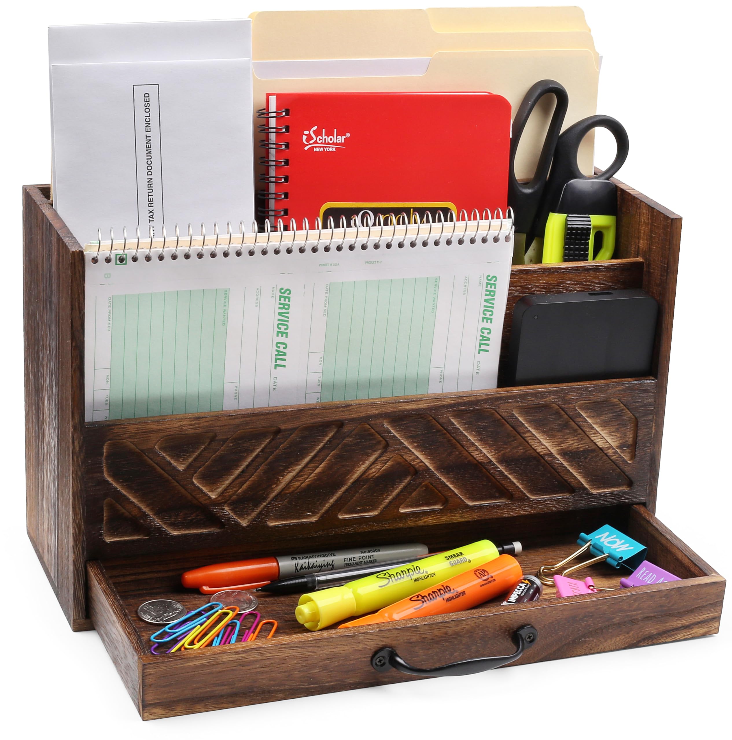Wooden Office Desk Organizer with Drawer - Rustic Brown Desktop Mail & Bill Holder, File Paper Sorter for Workspace Organization | Perfect for Home Office, Study Desk, and Workspace Storage Accessories