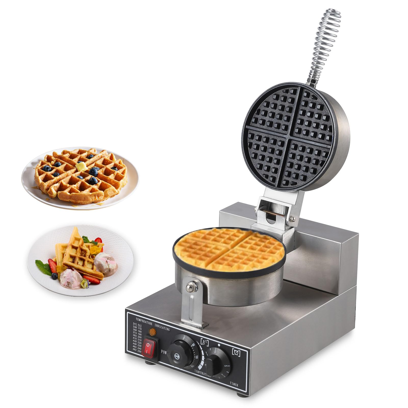 Commercial Waffle Maker 1300W - Round Non-Stick Waffle Iron with Rotatable Plates, 50°C-300°C Adjustable Temperature, Stainless Steel Restaurant Waffle Machine 110V - Perfect for Breakfast Cafes, Hotels, and Brunch Restaurants