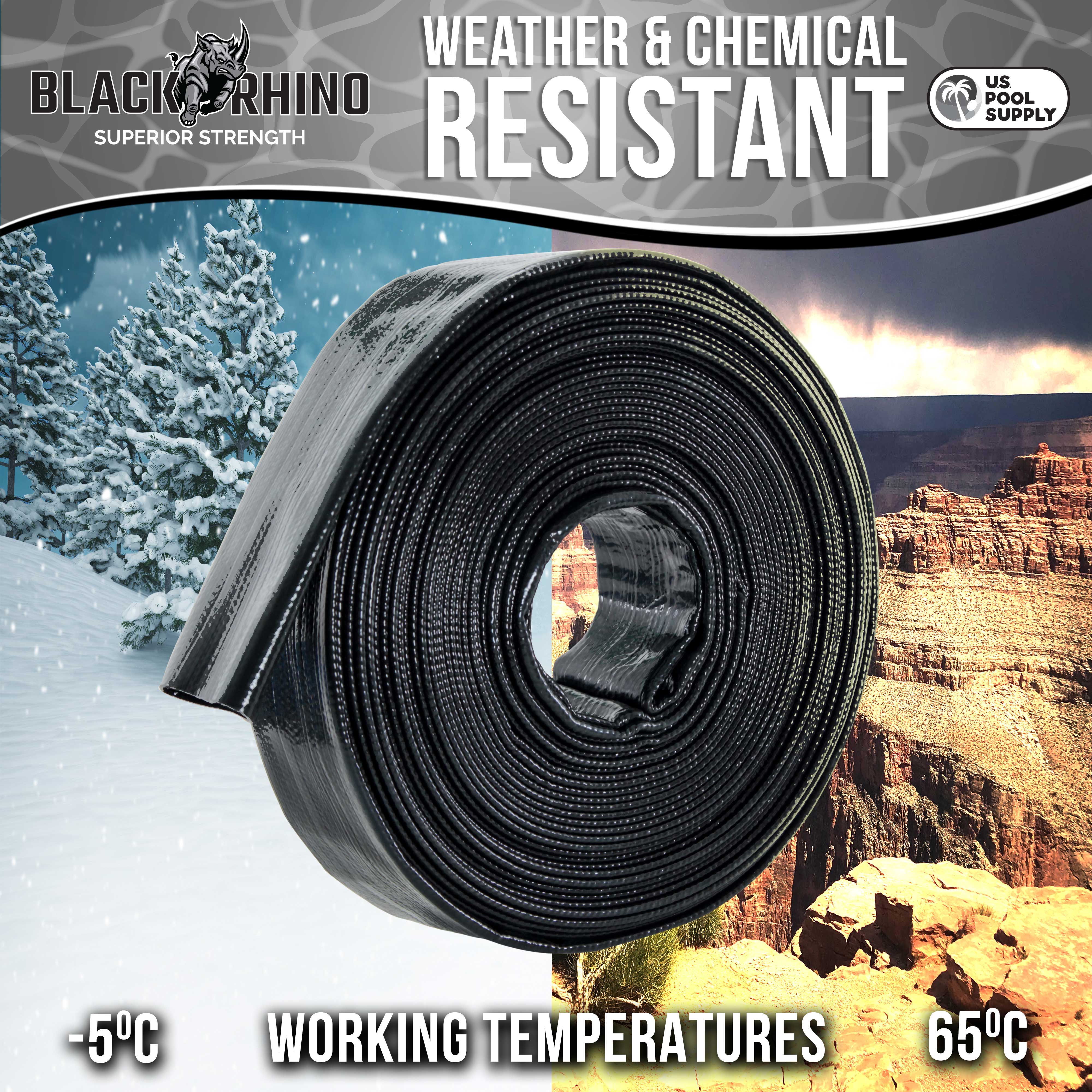 U.S. Pool Supply® Black Rhino 1.5-Inch x 50-Foot Heavy Duty Pool Backwash Hose with Hose Clamp - 1.2mm Thick Weather-Resistant for Inground & Above Ground Pools - Ideal for Backwashing, Draining, and Cleaning Pool Filters