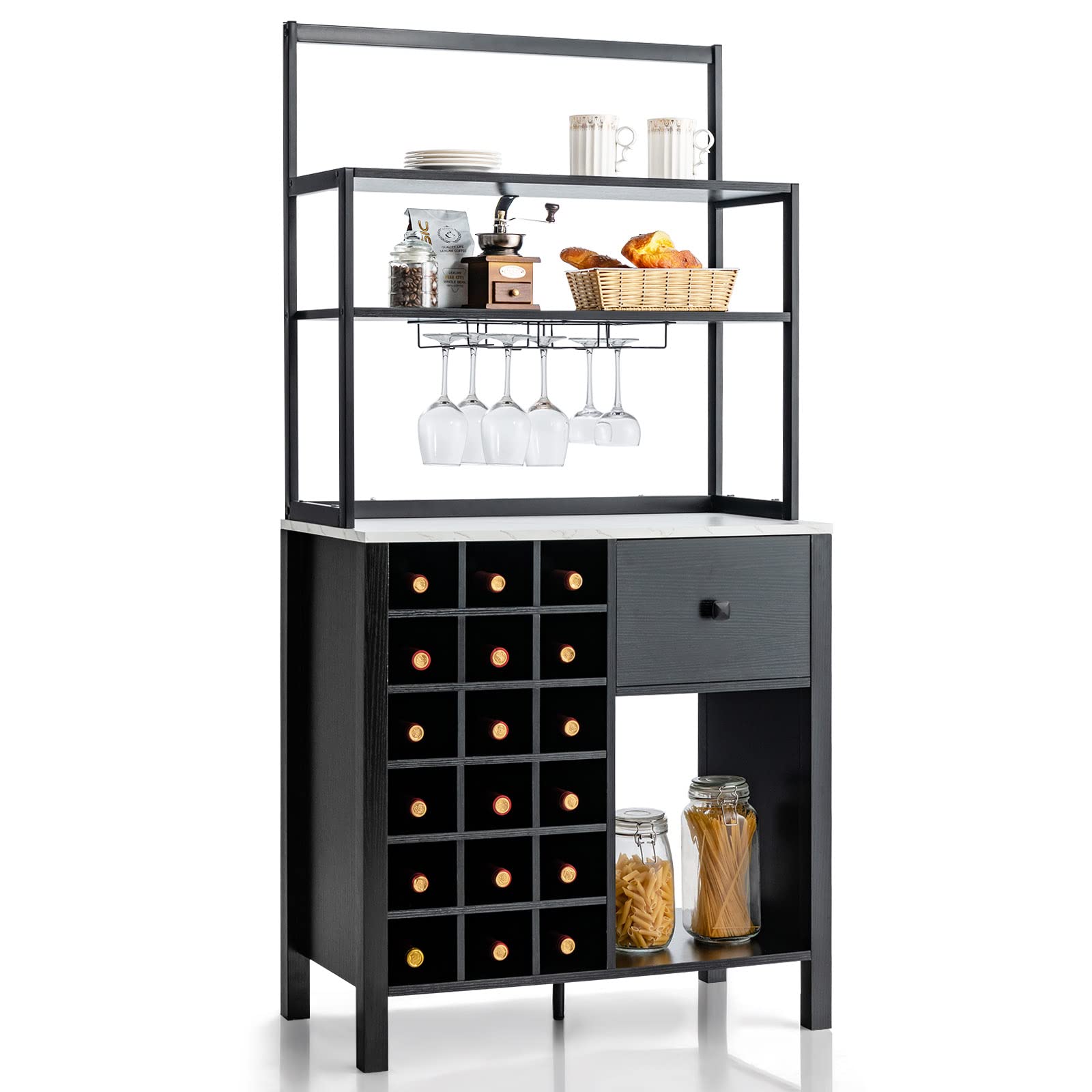 Giantex Sideboard with Hutch Shelf - Wood Buffet Wine Cabinet for 18 Bottles, 4-Tier Bakers Rack with Drawer & Glass Holder - Kitchen Microwave Stand, Living Room Storage Organizer in Black | Perfect for Dining Room, Bar, and Home Entertainment Setup