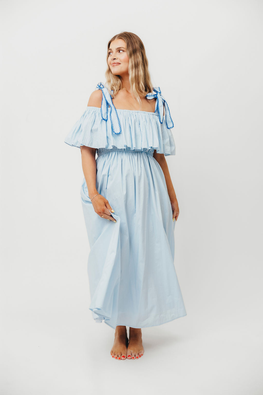 Aviva 100% Cotton Pleated Off Shoulder Midi Dress - Light Blue Summer Dress for Beach, Wedding & Casual Outings