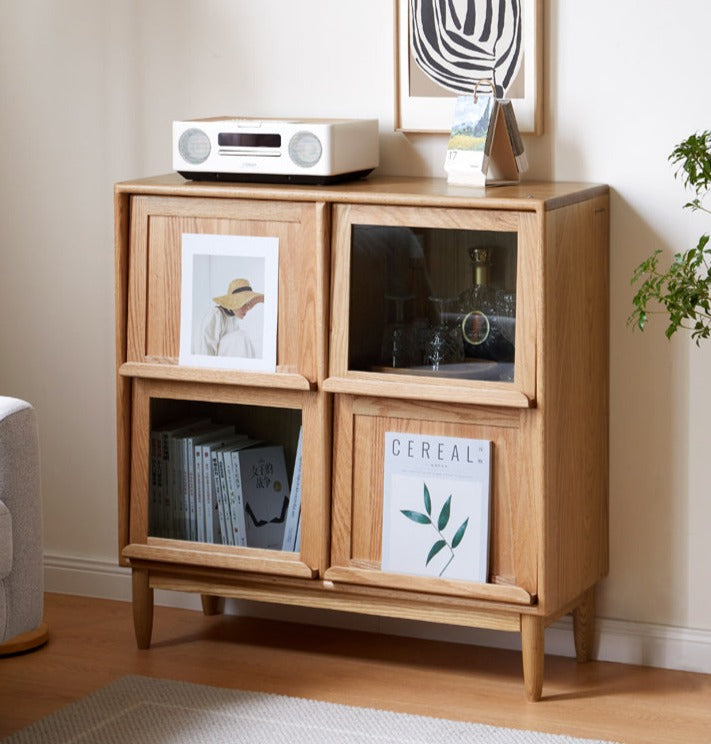 Solid Oak & Cherry Wood 4-Door Bookcase with Built-in Lighting - Modern Bookshelf for Living Room, Office, or Library - Perfect for Storing Books, Magazines, and Decorative Items