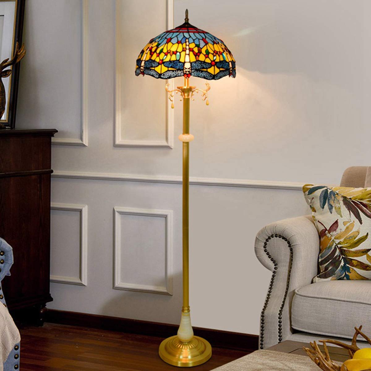 Tiffany Style Dragonfly Floor Lamp - 16 Inch Stained Glass Mediterranean Copper Standing Lamp for Living Room & Bedroom | Romantic Reading Light, Home Decor Accent Lighting for Cozy Nights