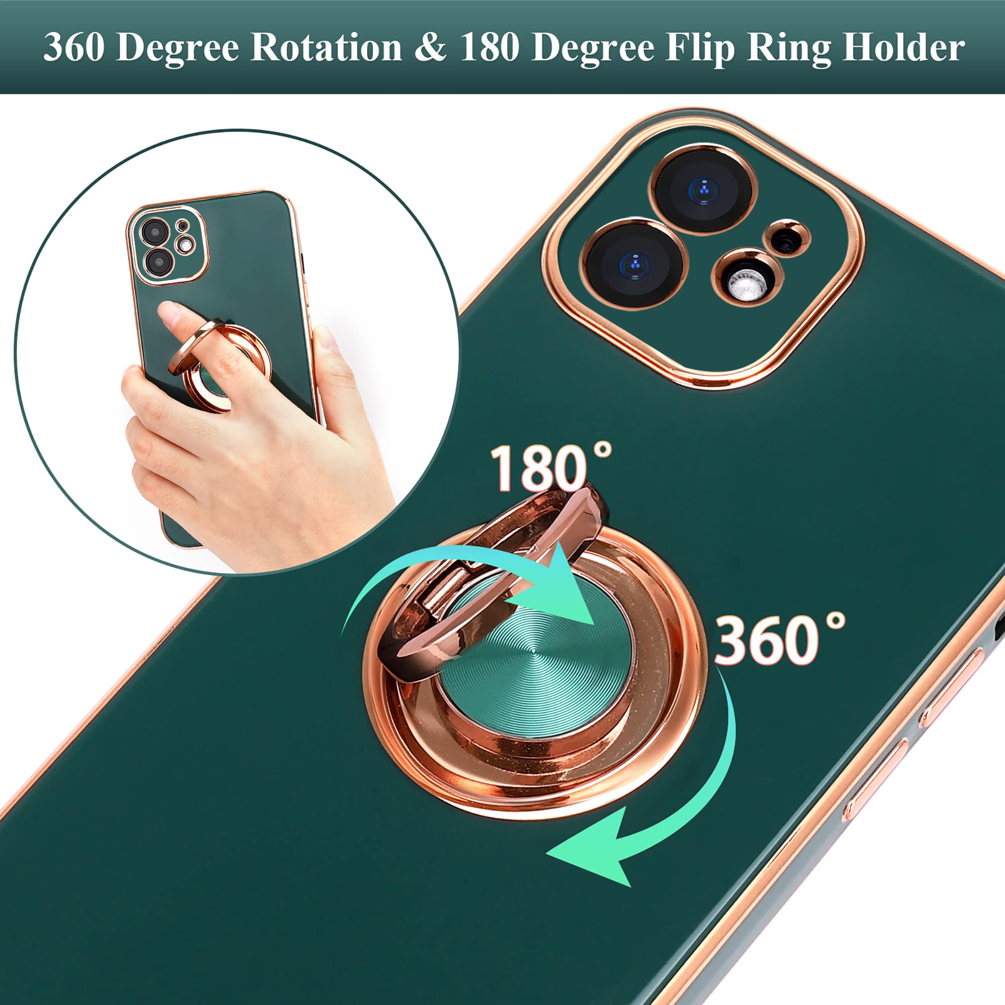 Magnetic Rotatable Ring Holder iPhone 11 Case - 360° Kickstand, Ultra Slim Soft Silicone Protective Cover with Edge Plating for 6.1 Inch iPhone 11 (Dark Green) - Perfect for Workouts, Commuting & Hands-Free Viewing