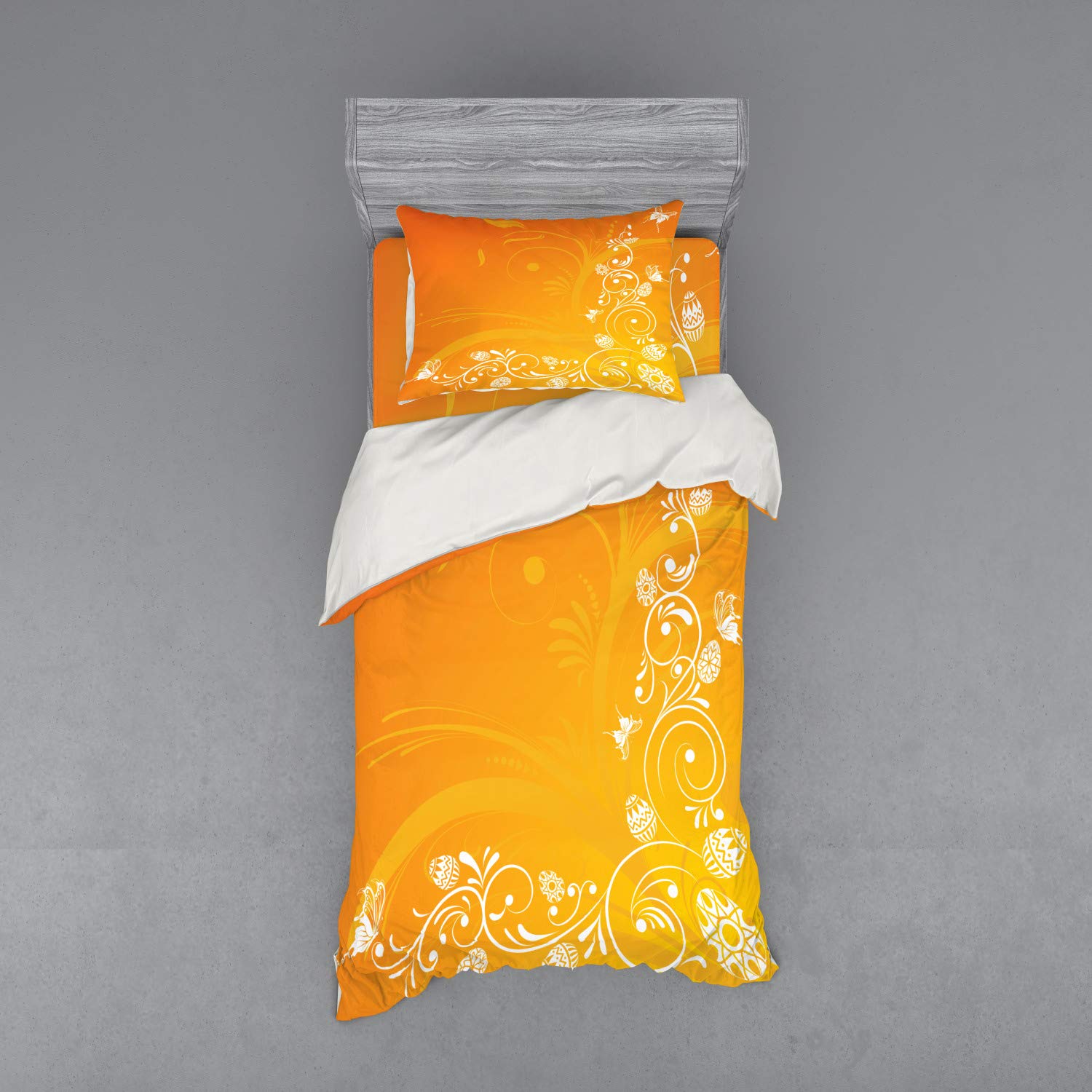 Ambesonne Orange Bedding Set - Easter Themed Abstract Floral Duvet Cover with Butterfly & Egg Design, 3-Piece Twin Size Set (Duvet Cover + Sham + Fitted Sheet) in Orange Yellow White - Perfect for Spring Decor, Easter Celebrations & Cozy Bedroom Makeovers