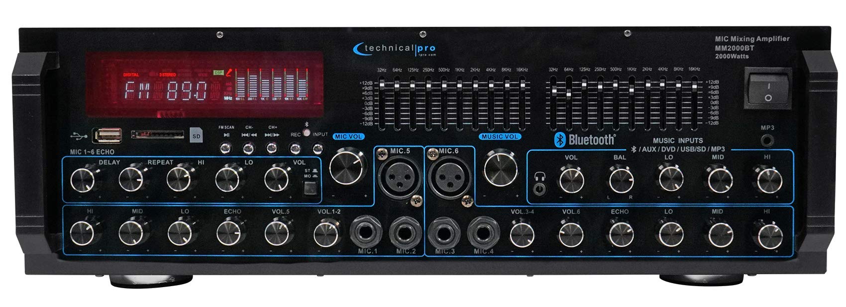 Technical Pro MM2000BT Active Bluetooth Mic Mixer Amp with SD/USB Input + Rockville RMC-XLR Wired Mic & 2 RockSlim 5.2240w Home Theater Speakers - Perfect for Karaoke, Live Performances, and Home Entertainment Systems