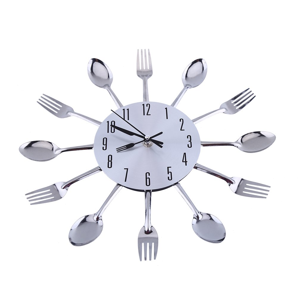 Ejoyous 12.4 Inch Large 3D Modern Creative Kitchen Wall Clock - Spoon & Fork Design Home Decor for Kitchen, Dining Room & Office (Silver) | Perfect Gift for Housewarming, Wedding & Home Renovation