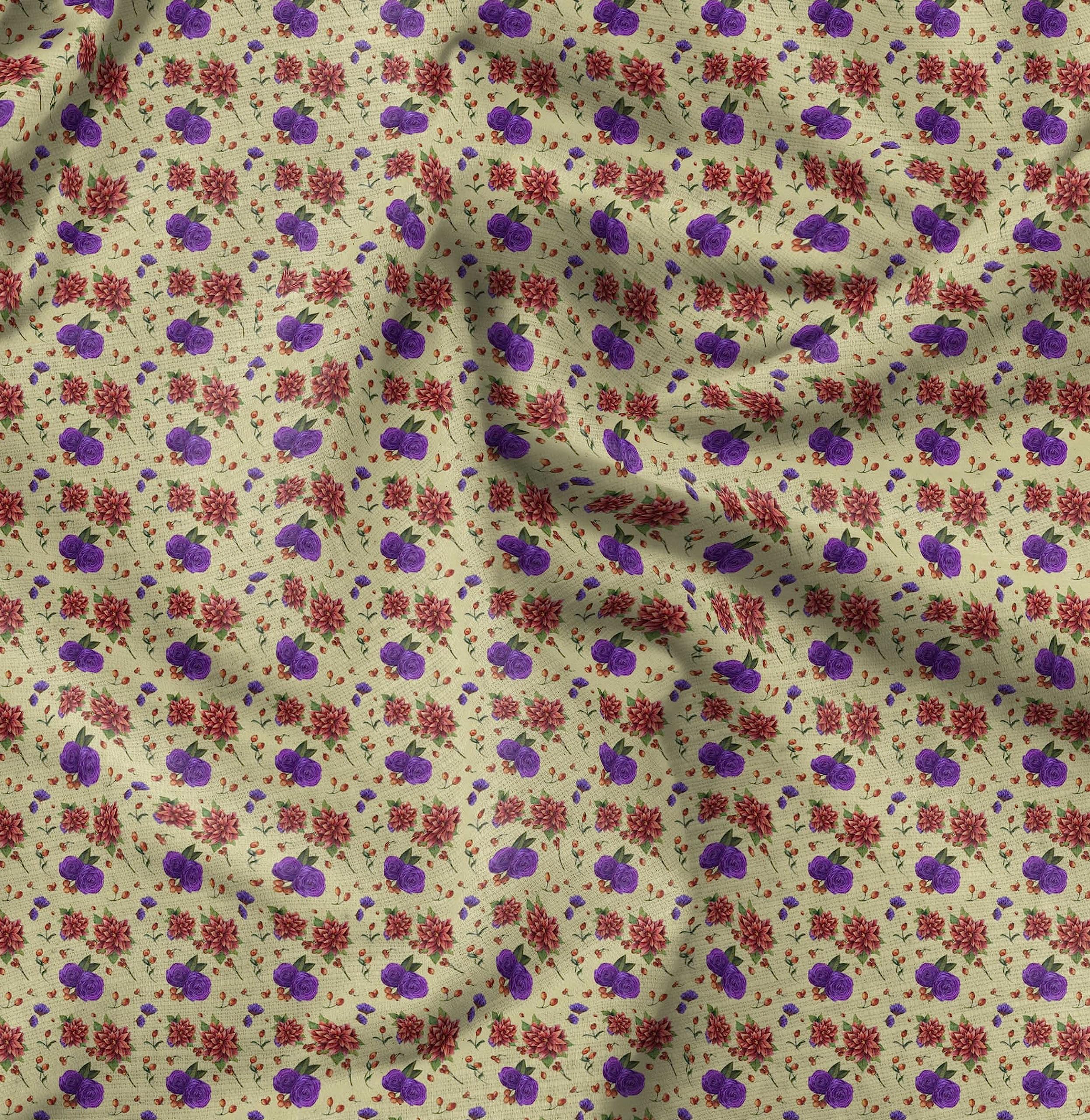 Soimoi Moss Georgette Beige Fabric by The Yard - 42 Inch Wide Floral Printed Fabric with Ranunculus & Chrysanthemum Patterns - Lightweight Draping Material for Dresses, Scarves, Curtains & Home Decor