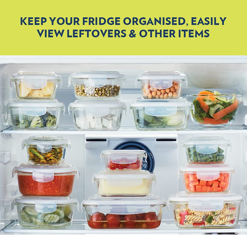 Borosil Klip N Store Airtight Glass Food Storage Containers Set of 2 (400ml Each) - Microwave & Oven Safe Round Kitchen Containers with Lids - Perfect for Meal Prep, Leftovers & Pantry Organization