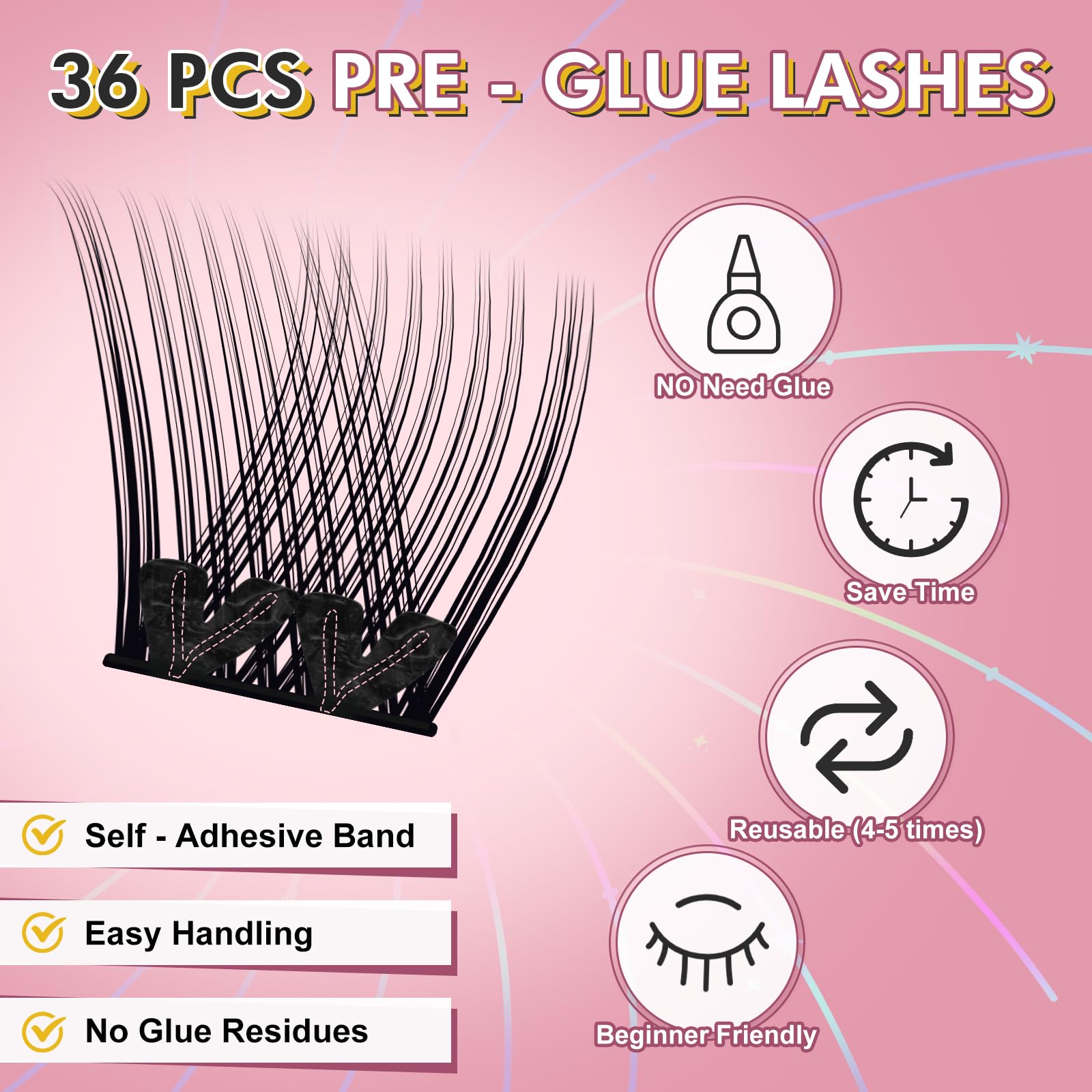 36Pcs Self Adhesive Eyelashes Kit - No Glue Needed Press On Lashes, Reusable Pre-Glued Lash Clusters with Tweezers for DIY Lash Extensions | Perfect for Beginners & Daily Use (Black, D2 C-10-16mm Mix) | Natural Look for Parties, Weddings & Special Occasions