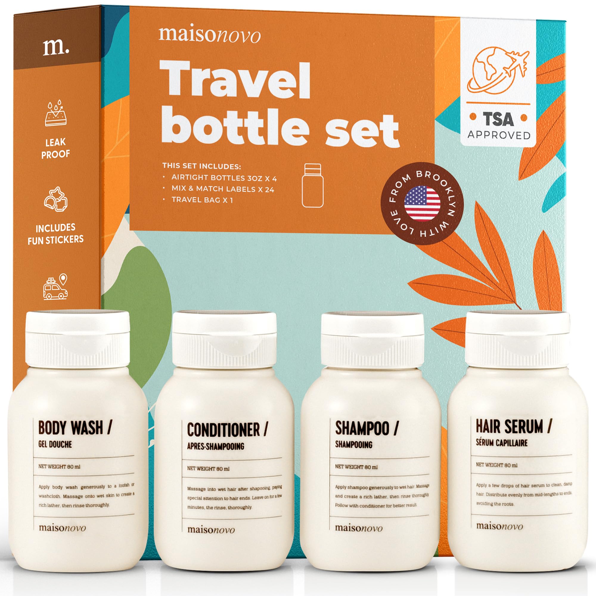 MAISONOVO TSA Approved Leak Proof Travel Bottles for Toiletries - 3oz Refillable Travel Size Containers with Waterproof Toiletry Bag | Perfect for Airplane Carry-on, Gym, Camping & Vacation Essentials