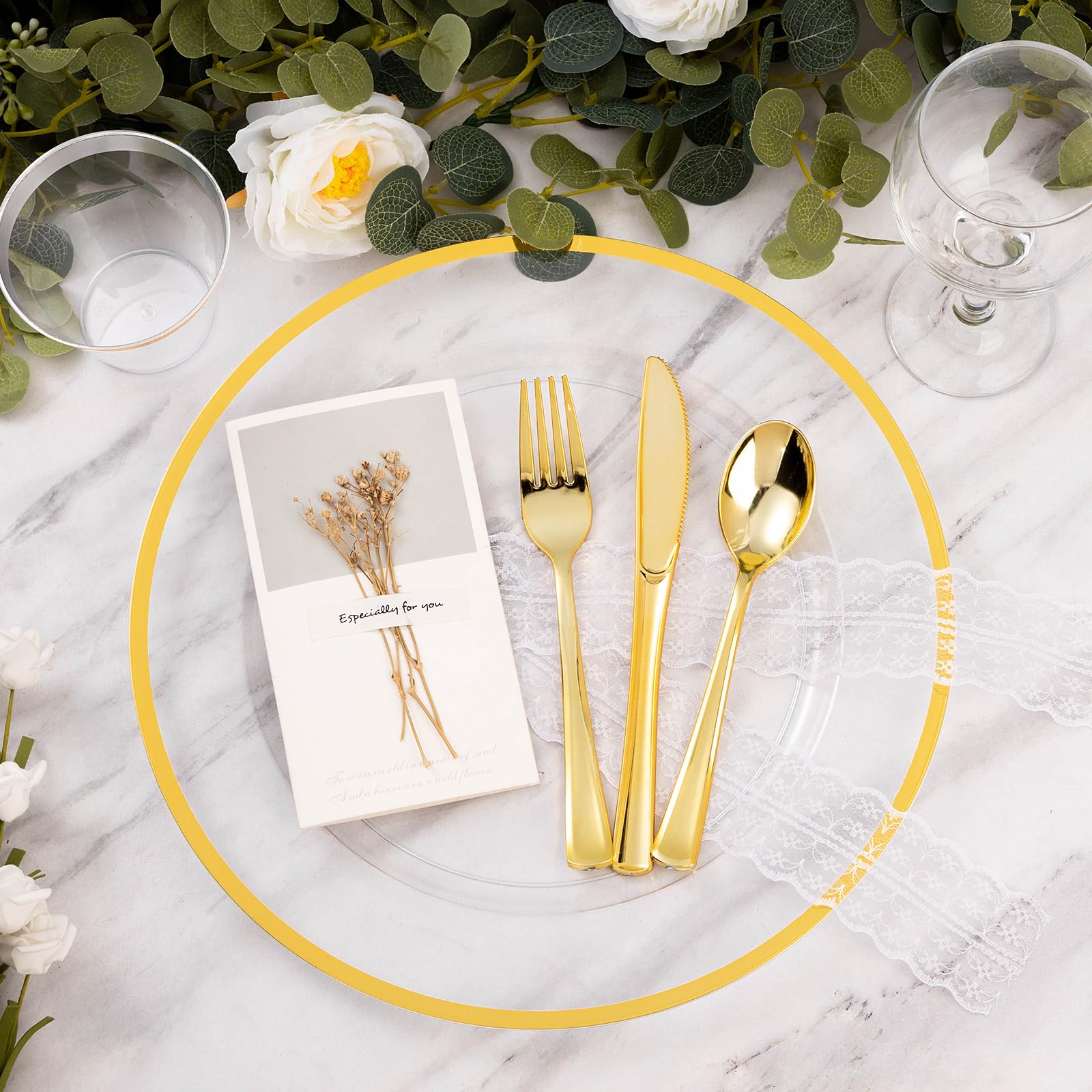 Goodluck 12 Inch Gold Charger Plates - 50 Pack Disposable Plastic Dinner Plates with Elegant Gold Trim for Weddings, Parties & New Year Celebrations - Perfect for Formal Dining, Buffet Service & Special Events