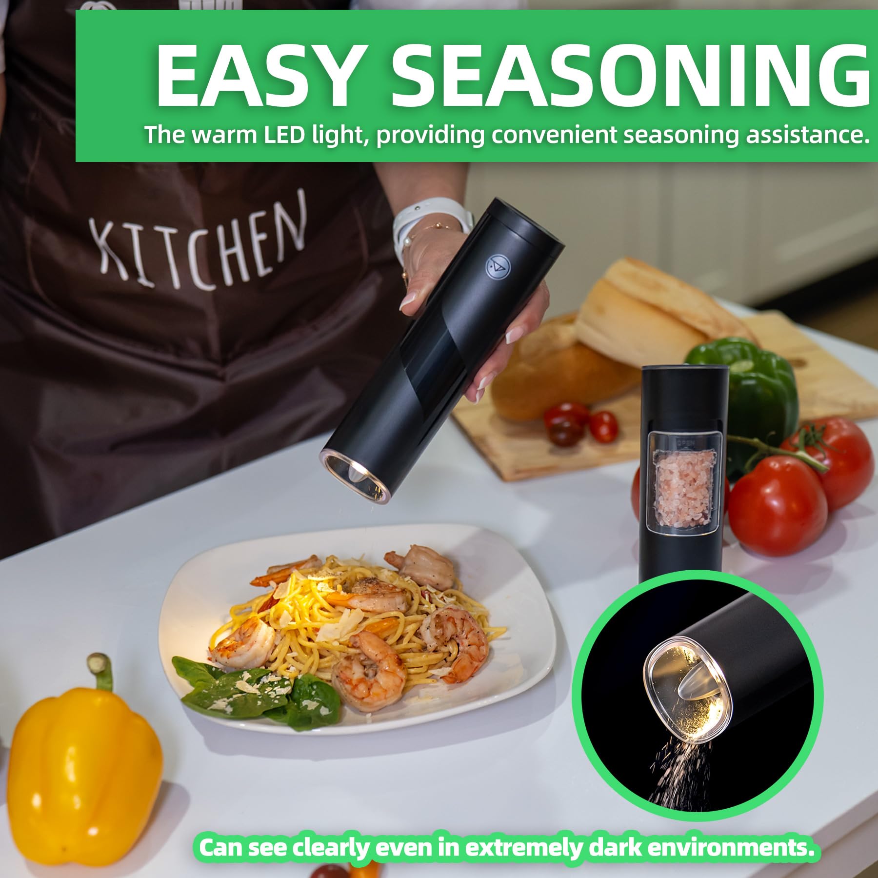 Premium Electric Salt and Pepper Grinder Set - Adjustable Coarseness with Warm LED Light | One-Handed Automatic Operation | Battery Powered Spice Mill (Black) | Perfect for Kitchen, Dining Table & Outdoor BBQ