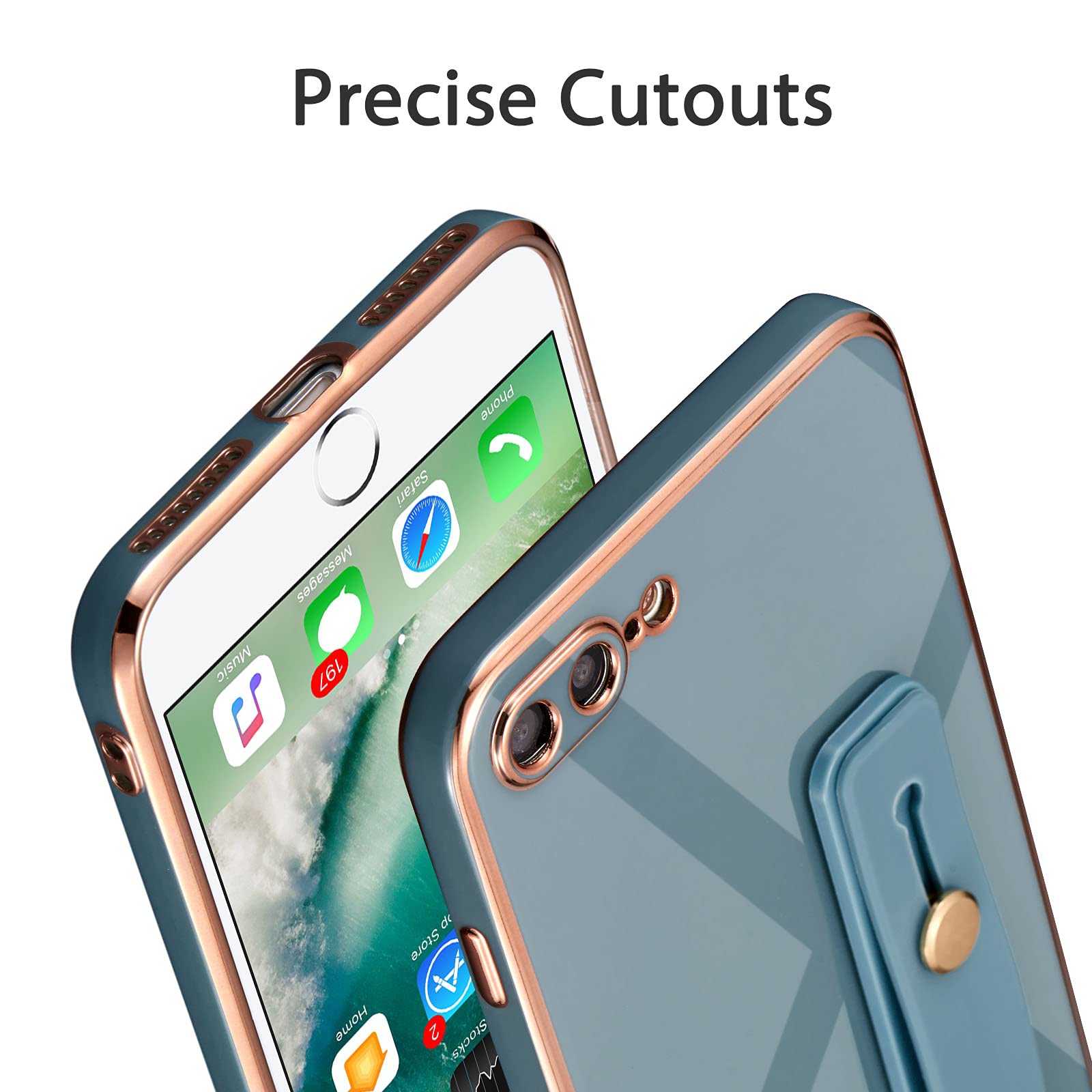 EYZUTAK Slim Shockproof Silicone TPU Case for iPhone 7 Plus & iPhone 8 Plus - Electroplated Design with Wristband, Kickstand & Finger Holder Strap (Gray) | Perfect for Workouts, Travel & Everyday Protection