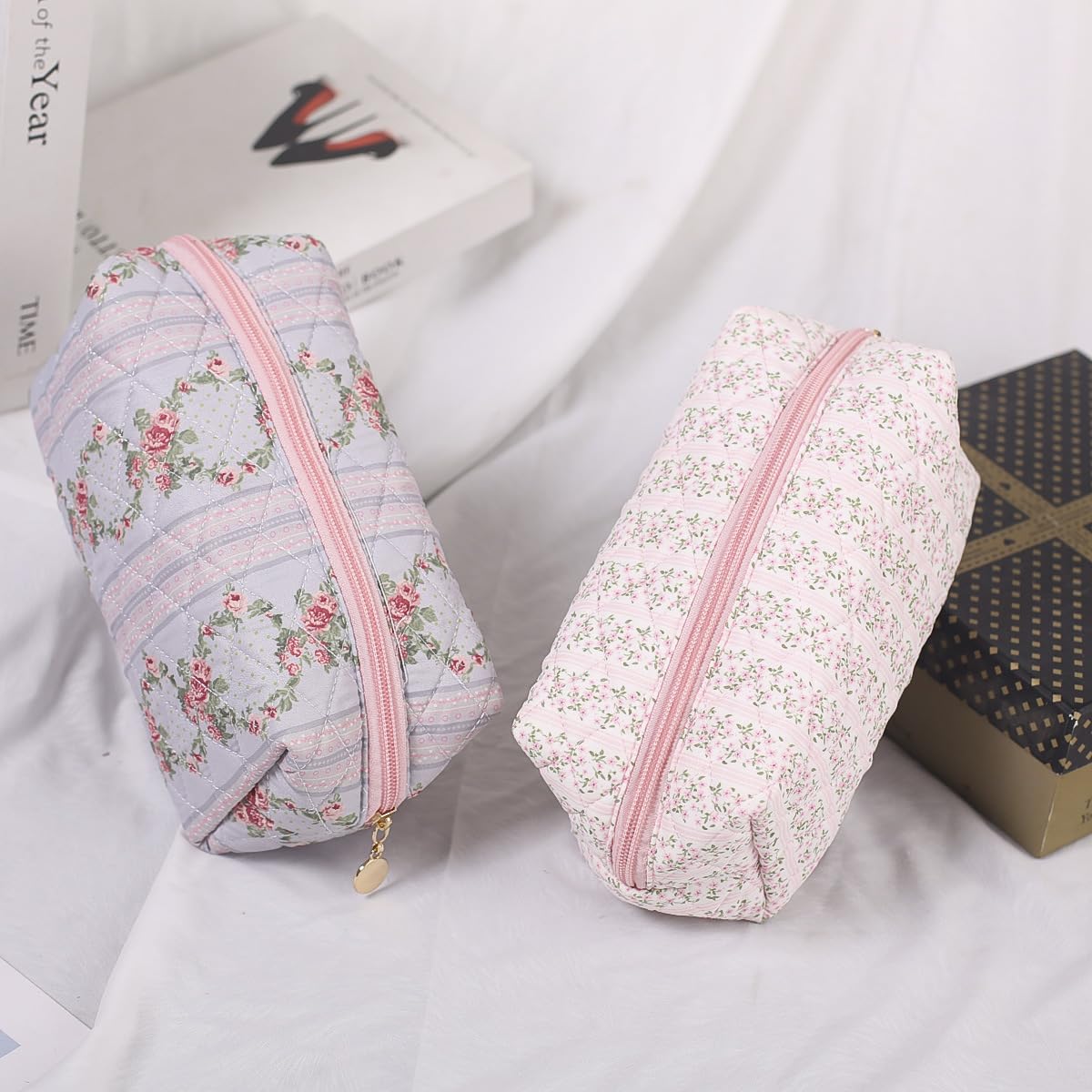 Floral Quilted Makeup Bag for Women - Coquette Cosmetic & Toiletry Travel Organizer (Pink) | Perfect for Travel, Gym, and Everyday Essentials Storage