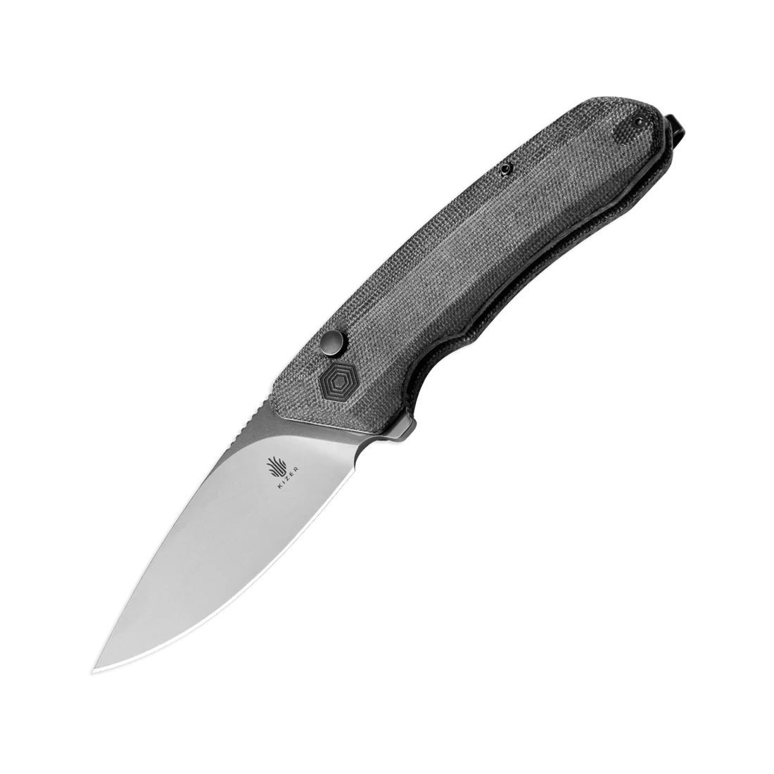Kizer V3602C1 Vanguard Invictus Button Lock Folding Knife - Stonewashed Blade & Black Micarta Handles - EDC, Outdoor, Camping, Survival Gear