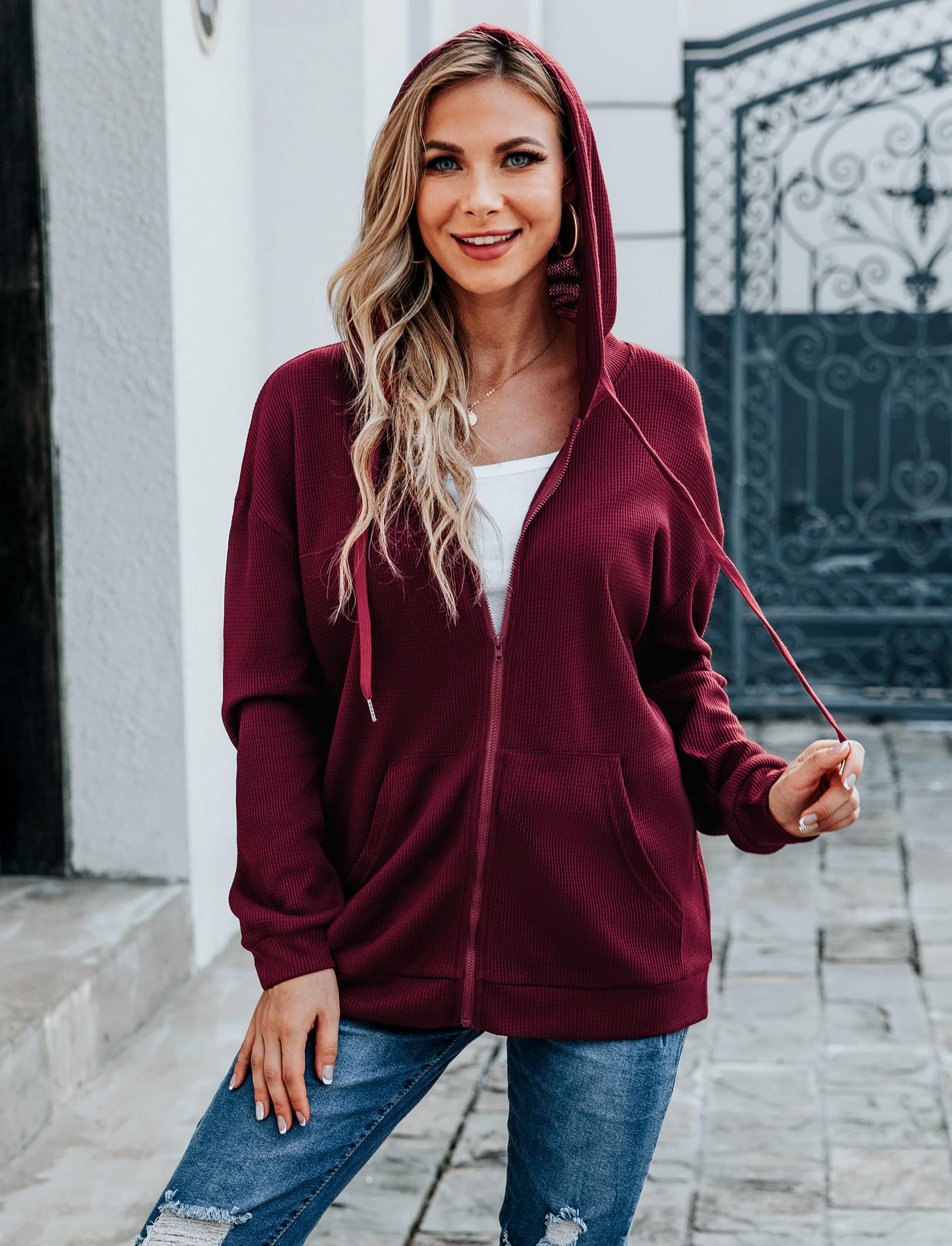 Cowasto Women's Waffle Knit Zip Up Hoodie - Casual Long Sleeve Drawstring Jacket with Hood for Fall & Winter | Perfect for Outdoor Activities, Travel & Lounge Wear