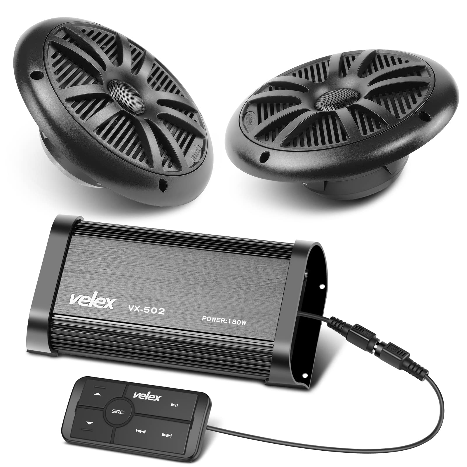 Velex Marine Bluetooth Amplifier Speaker Package - Waterproof Wireless Audio System for Boats, Pool Parties & Outdoor Adventures