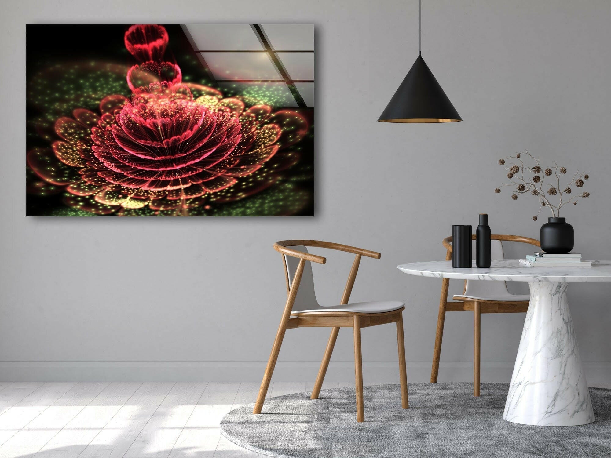 Abstract Red Flower Glass Wall Art - Modern Home Decor for Living Room, Bedroom & Office - Elegant Handmade Glass Painting for Unique Interior Design