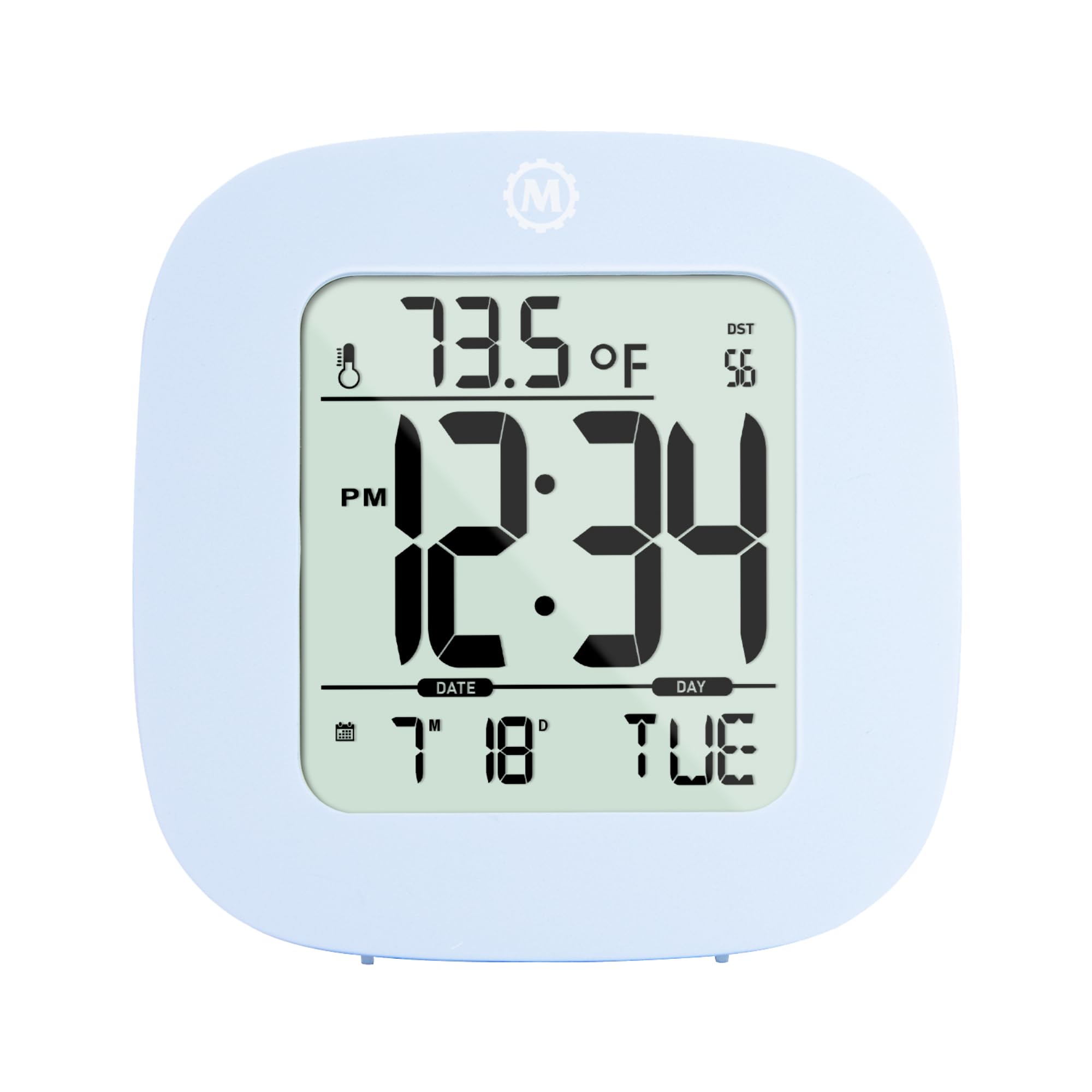 Marathon Compact Alarm Clock with Temperature & Date Display - Large Blue Digital Clock with Backlight, Easy to Read & Set Up - Includes 2 AAA Batteries - Perfect for Bedroom, Office, Travel & Nightstand Use